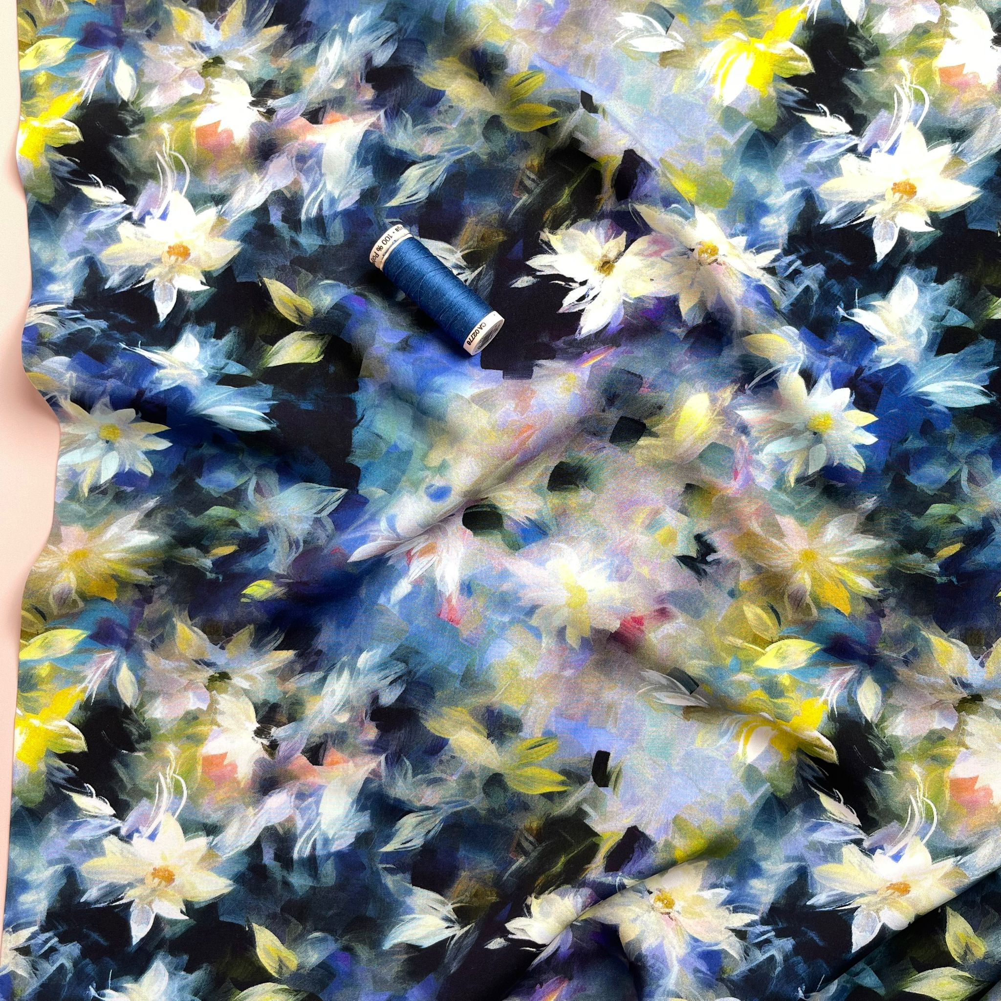 PRE-ORDER Watercolour Florals Cobalt Viscose Poplin Fabric (arriving by mid May)