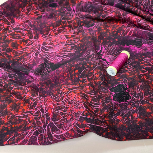 Pink Blooms on Burgundy Pure Cotton French Terry