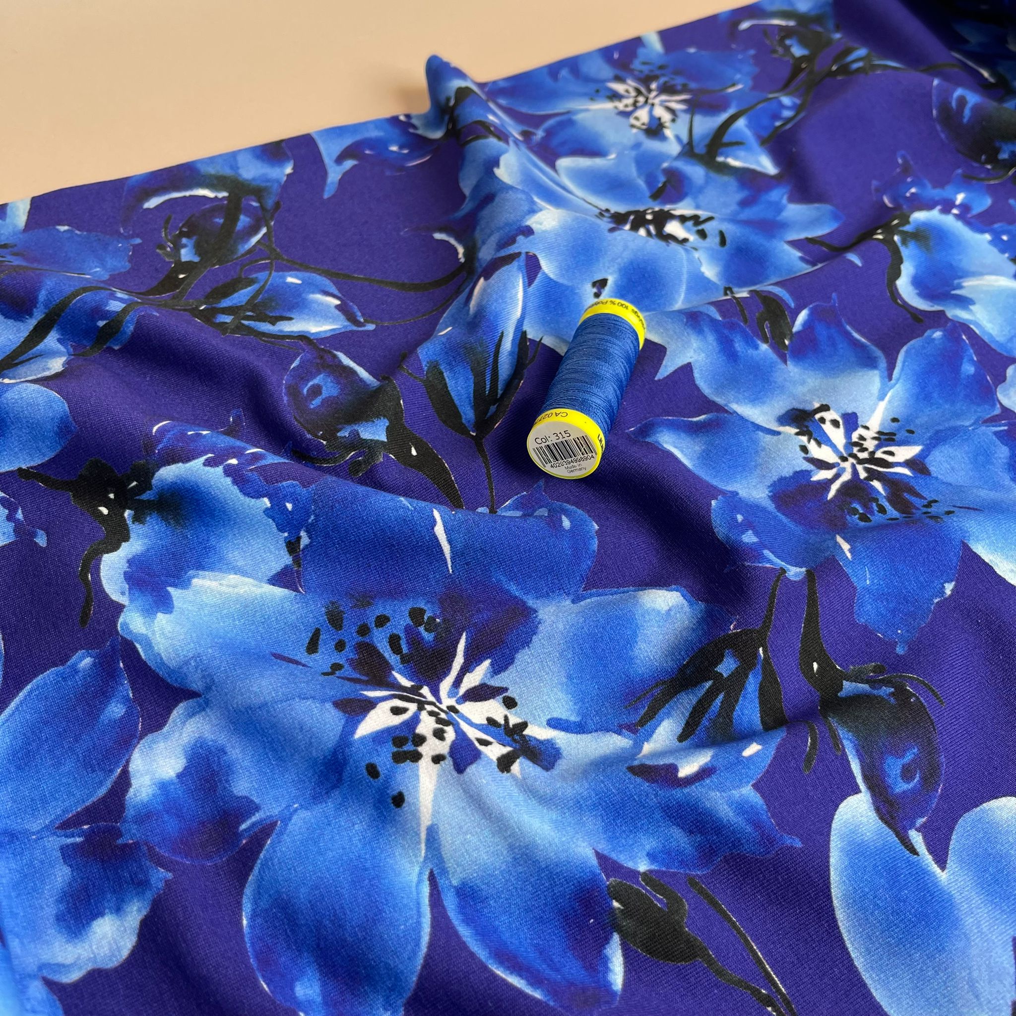 REMNANT 1.64 Metres - Danish Design - Watercolour Cobalt Blooms Cotton Jersey Fabric