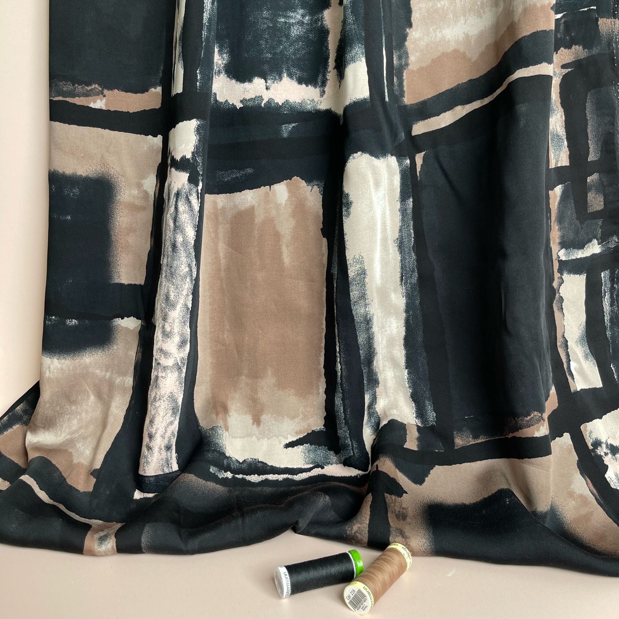 Artists Canvas in Beige and Black Viscose Sateen Fabric