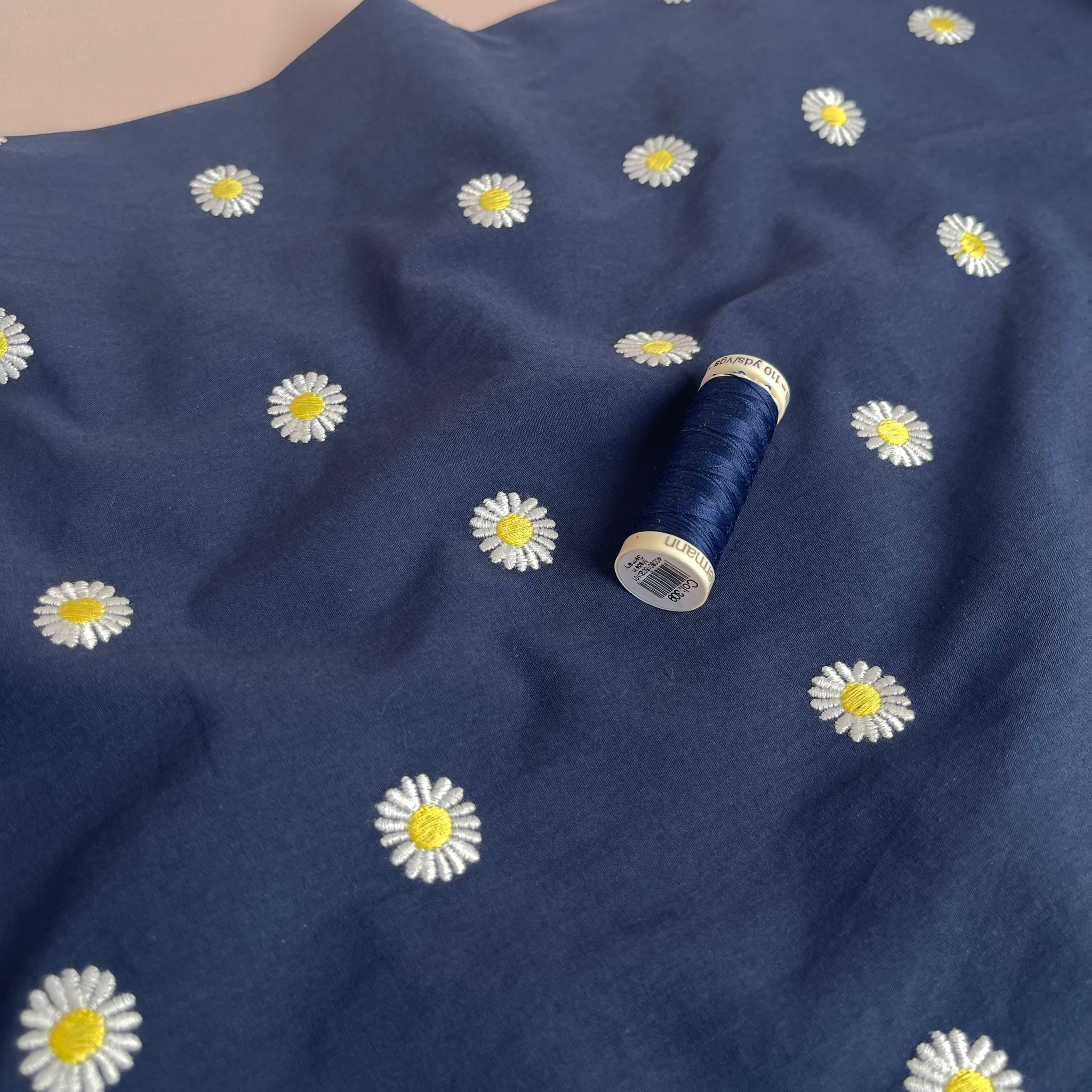 Embroidered Daisies on Navy Cotton Poplin