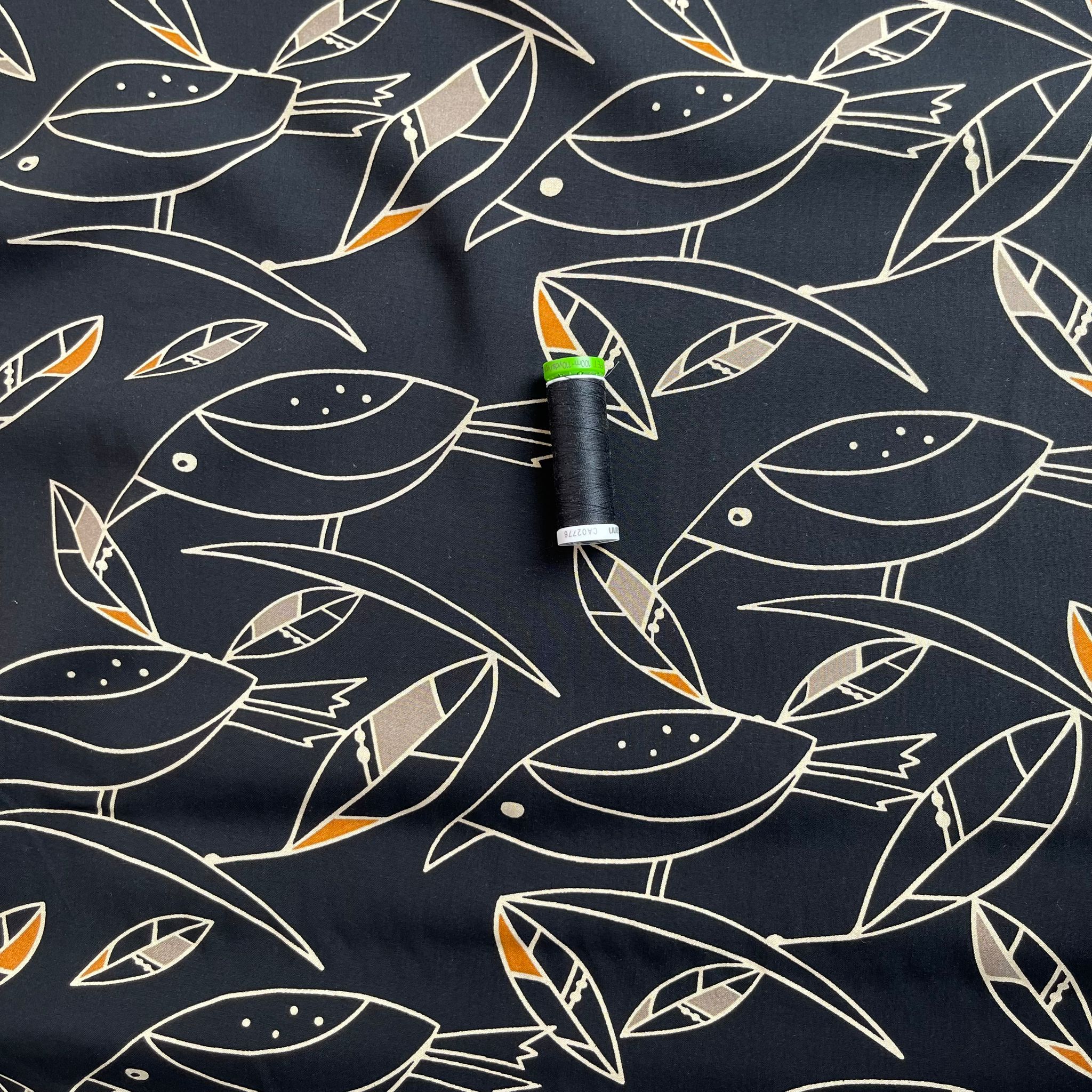 Graphic Birds Orange on Black Viscose Poplin Fabric