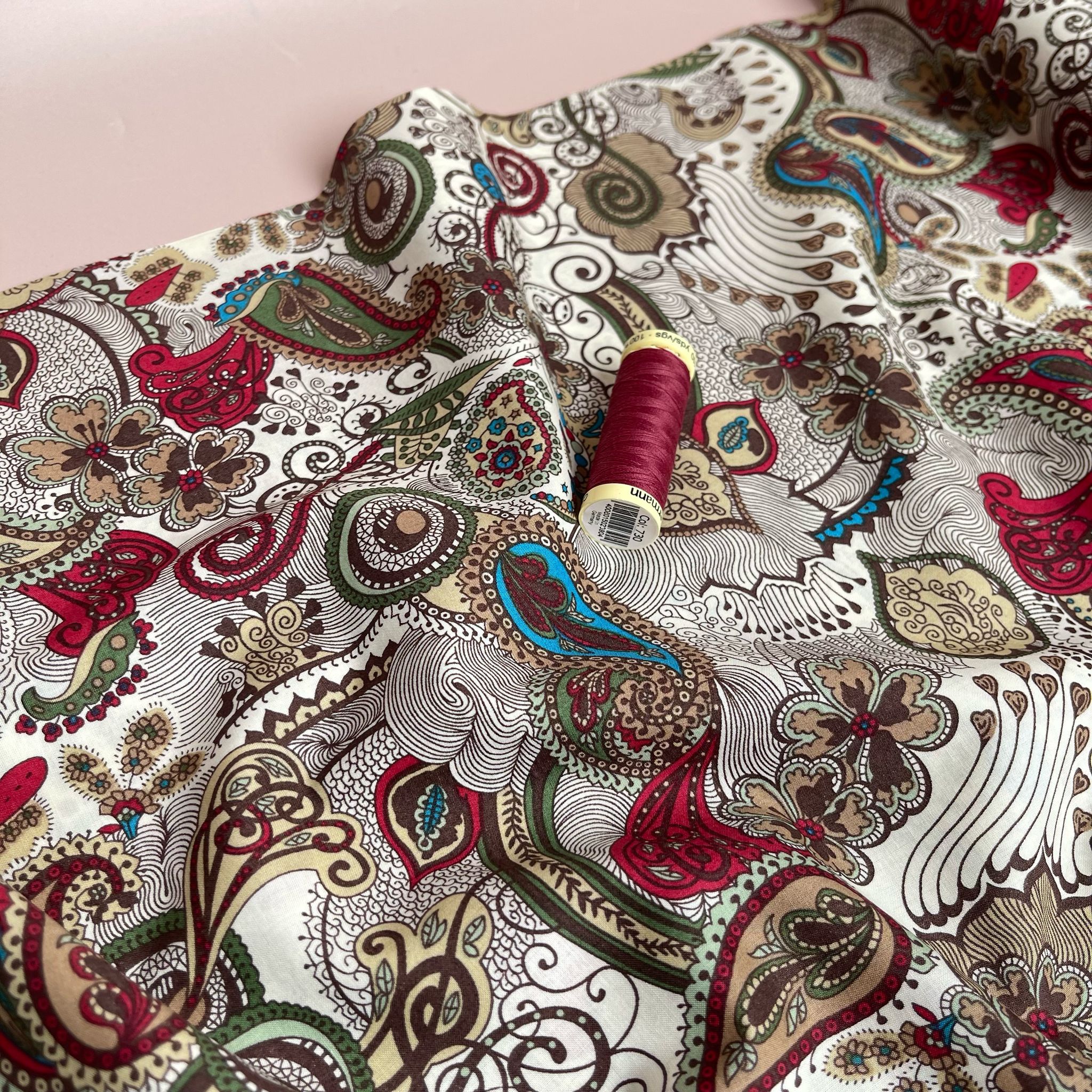 Autumn Paisley on White Cotton Lawn Fabric