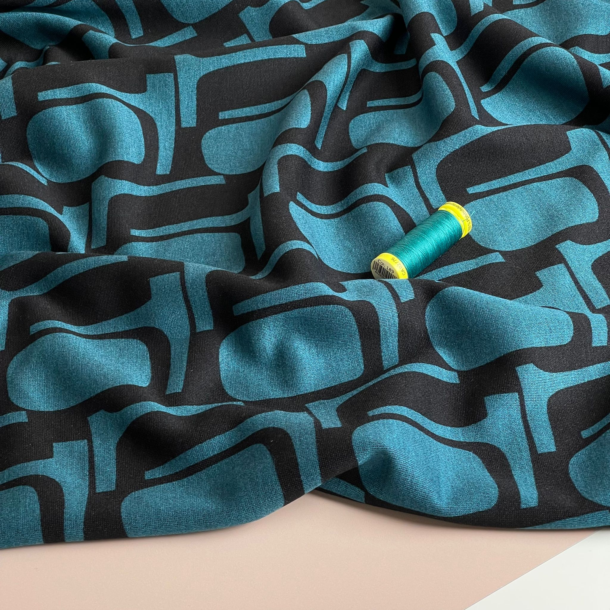 Abstract Shapes in Petrol Soft Ponte Interlock Jersey Fabric