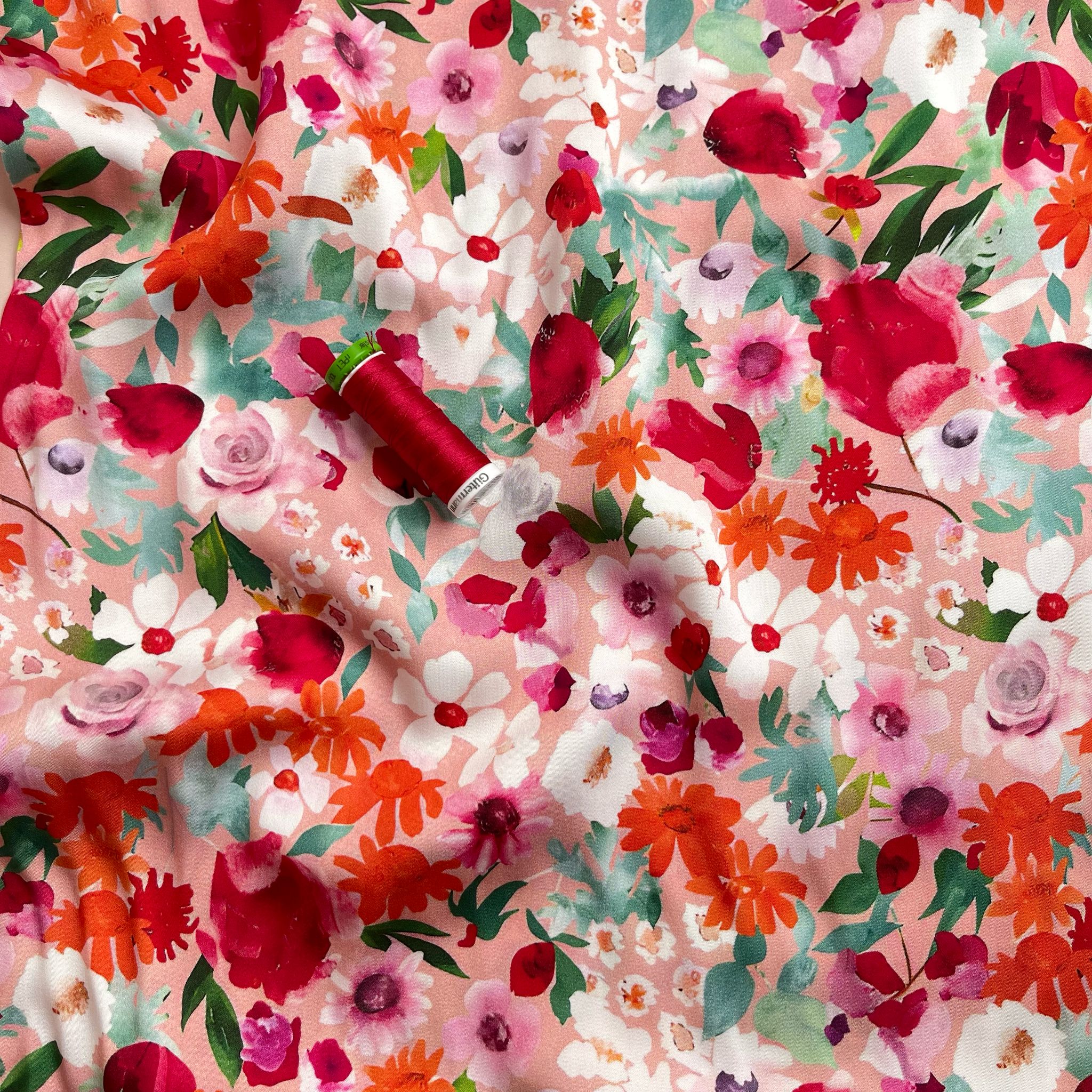 Painted Pink Meadow Viscose Sateen Fabric