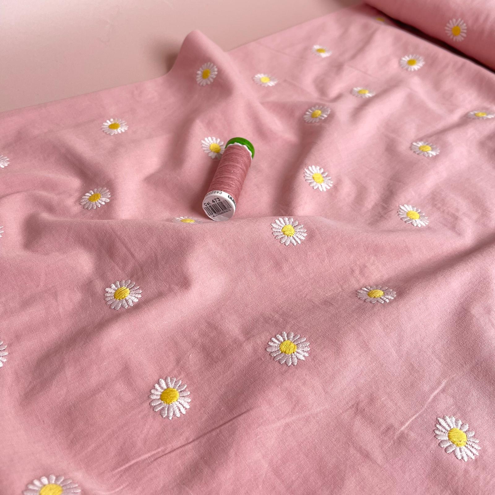 Embroidered Daisies on Pink Cotton Poplin