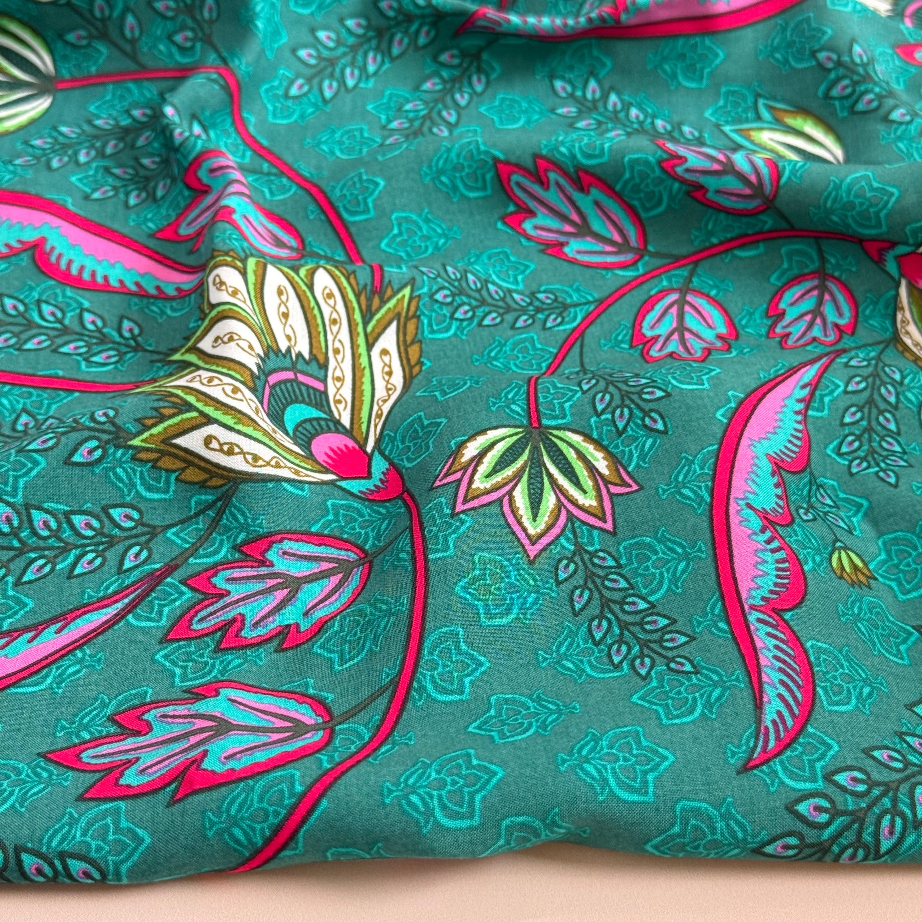 Lotus Flowers Teal Viscose Voile Fabric