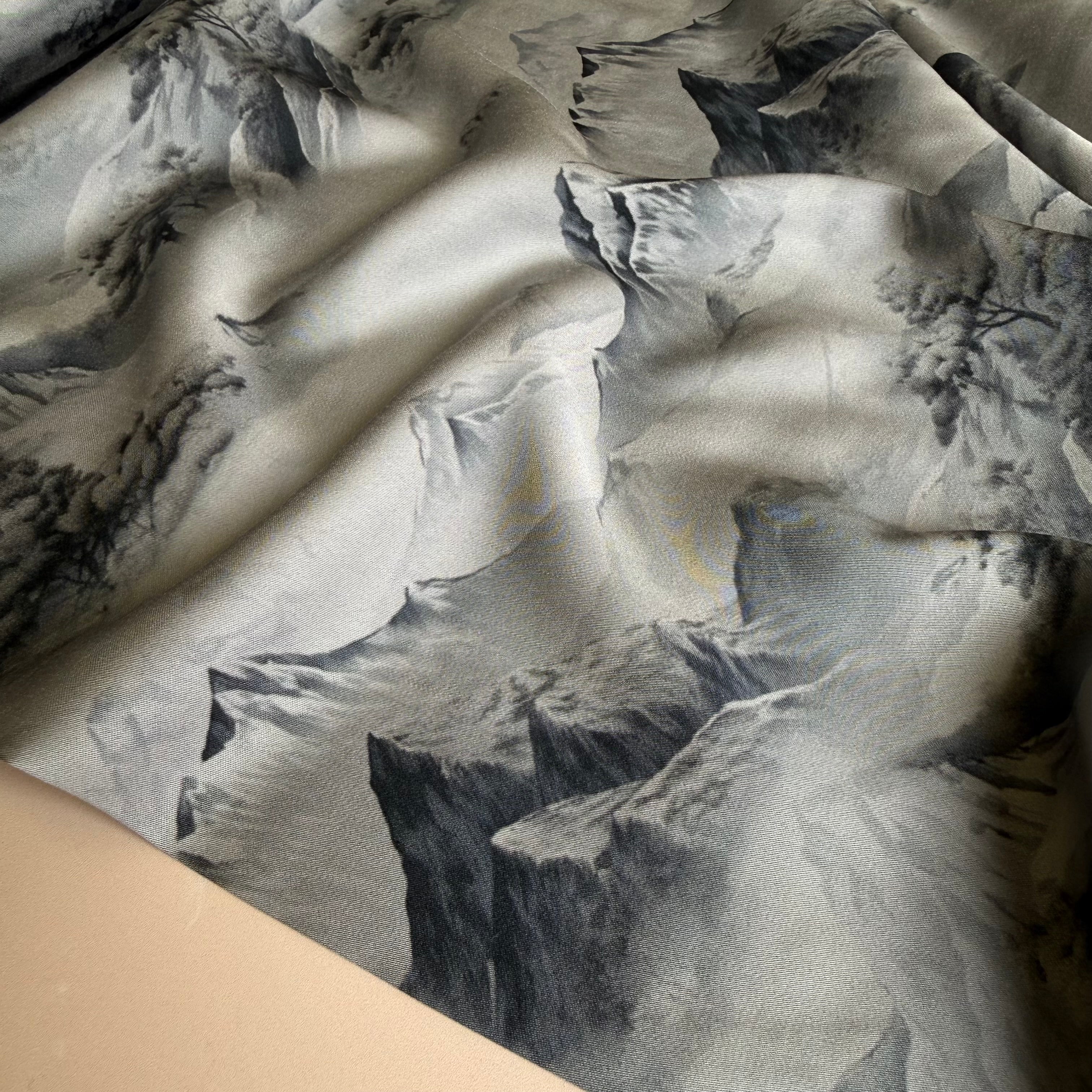 Mountains on Grey Viscose Sateen Fabric