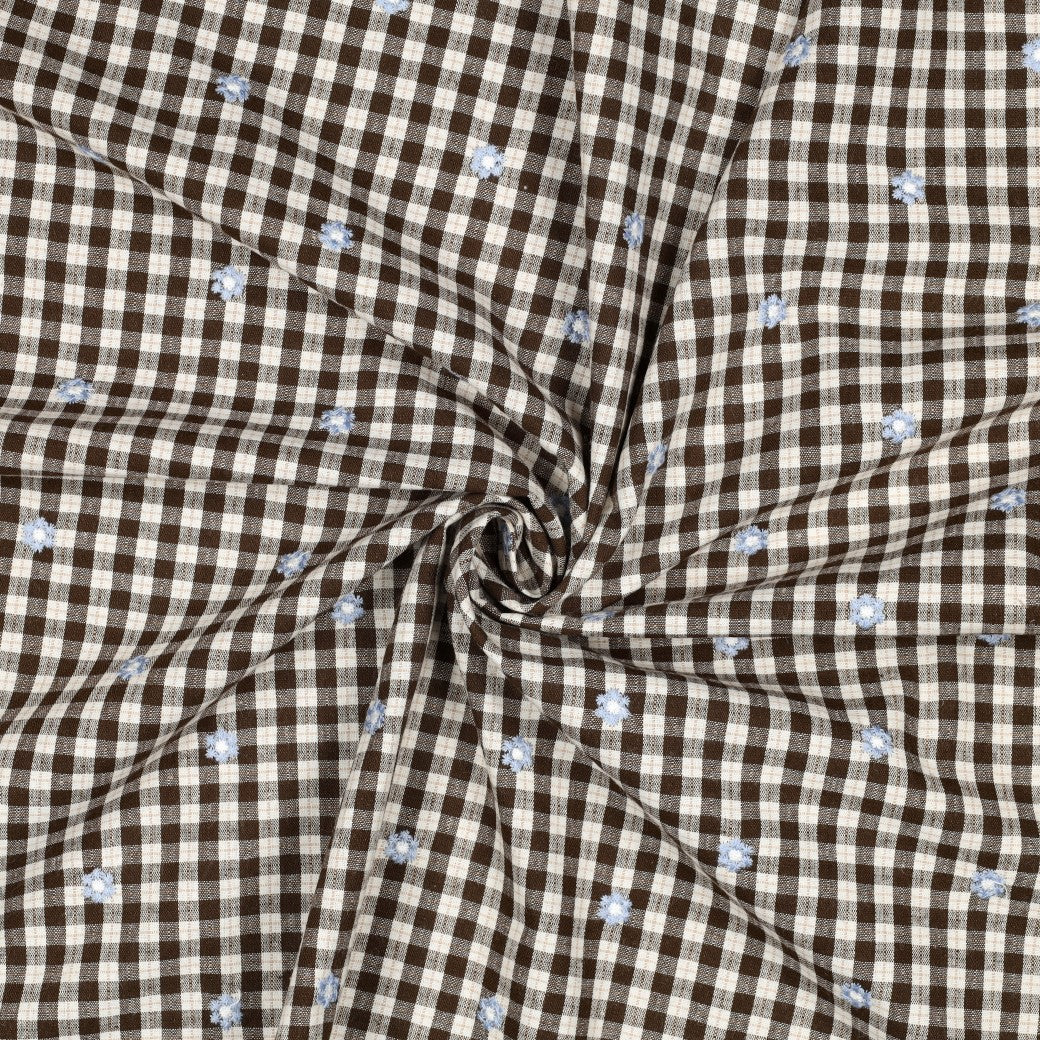 Embroidered Flowers on Brown Gingham Cotton Viscose Fabric