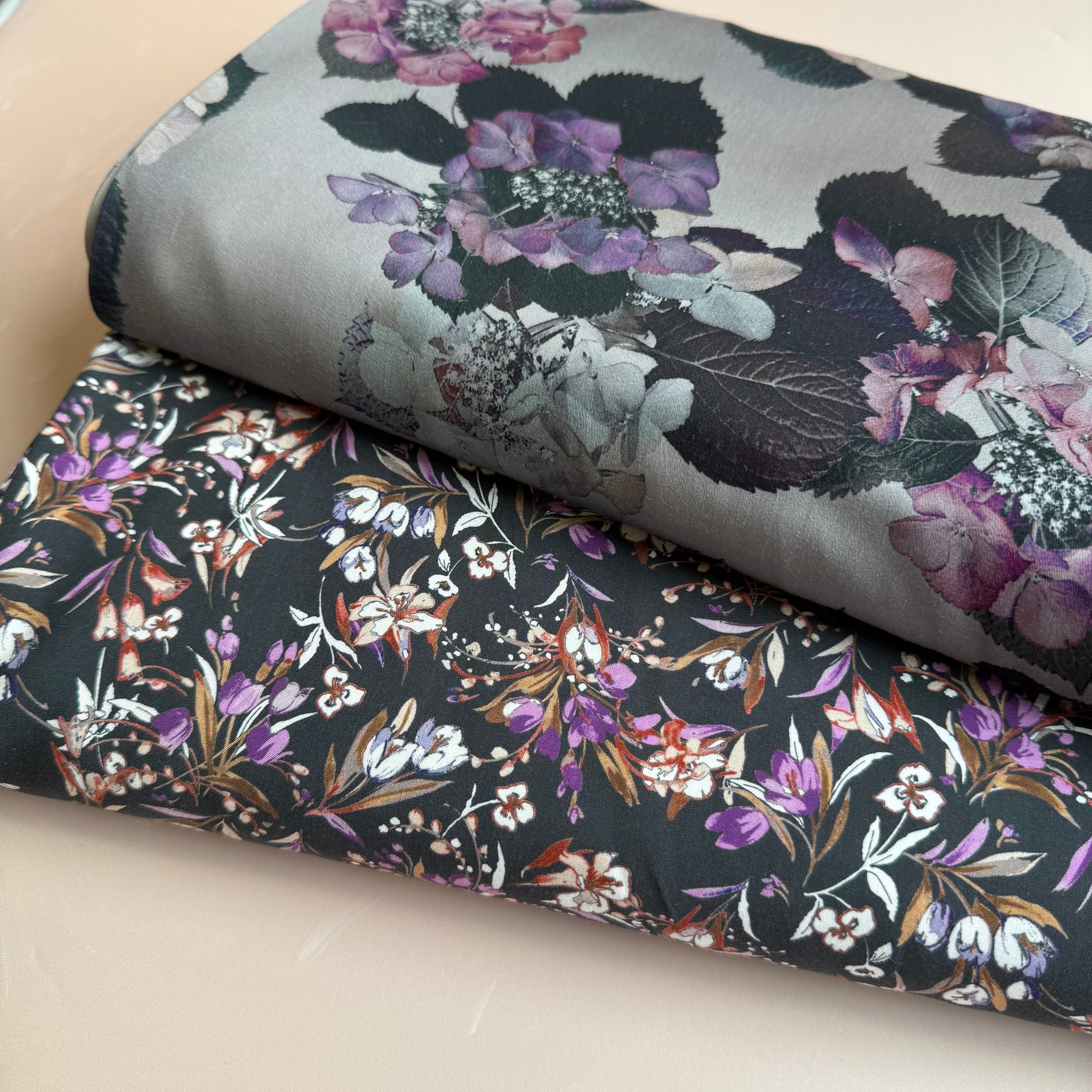 Purple Bouquet on Dark Grey Viscose Poplin Fabric