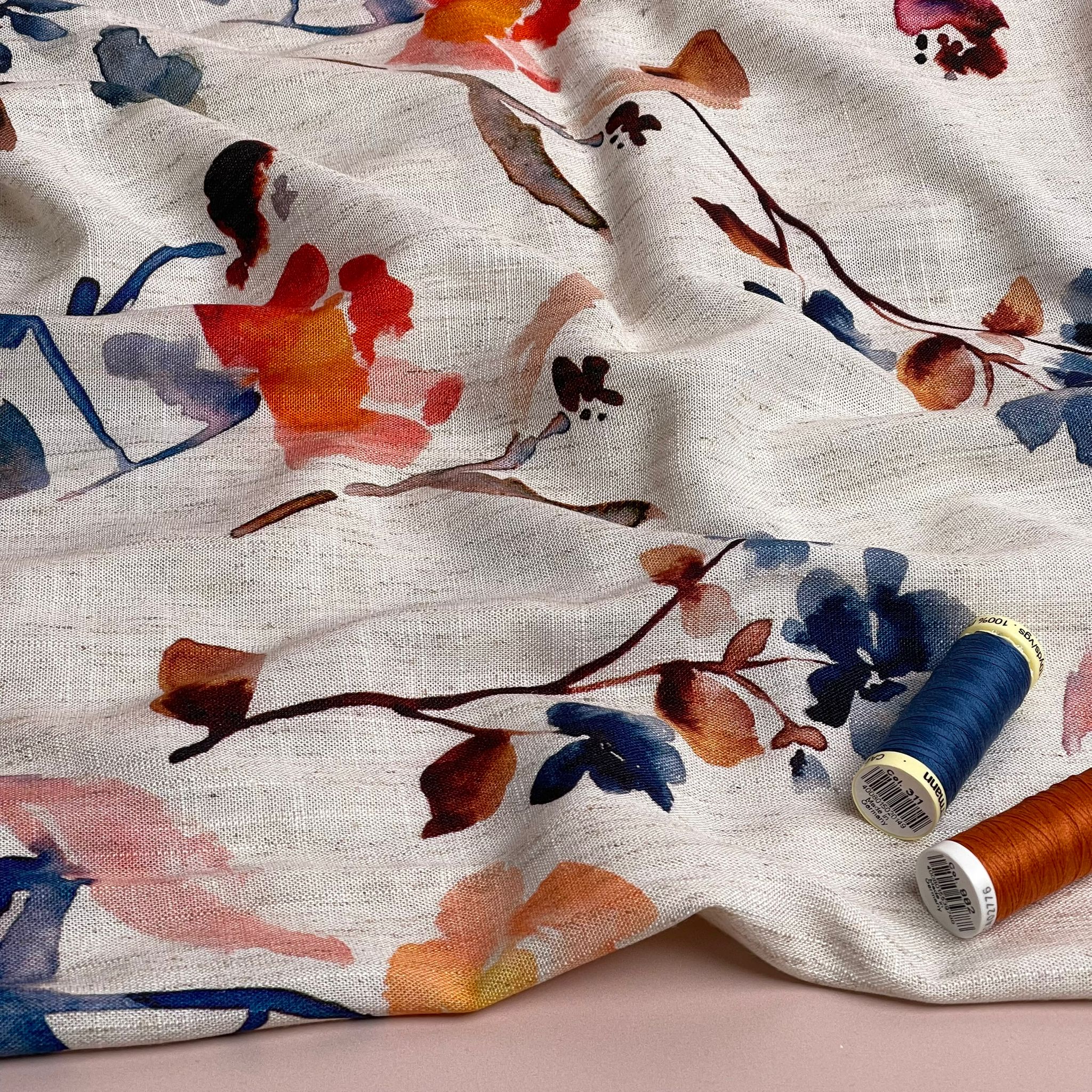 Apricot and Blue Florals Viscose Linen Fabric