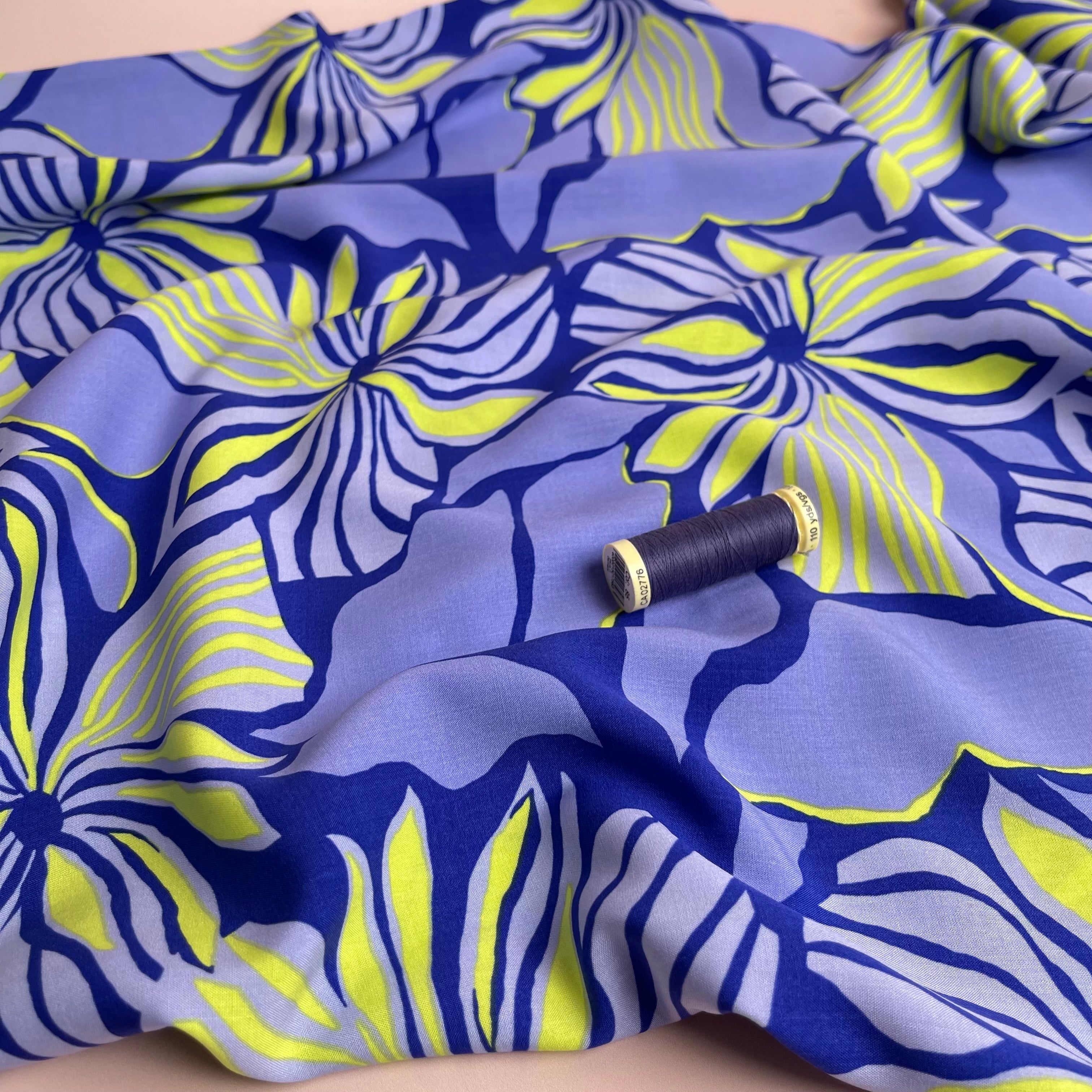 Bold Painted Flowers on Blue LENZING™ ECOVERO™ Viscose Fabric