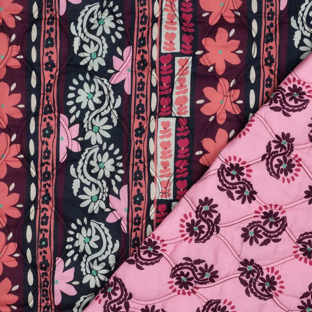 Ornamental Flowers Aubergine Quilted Cotton Fabric