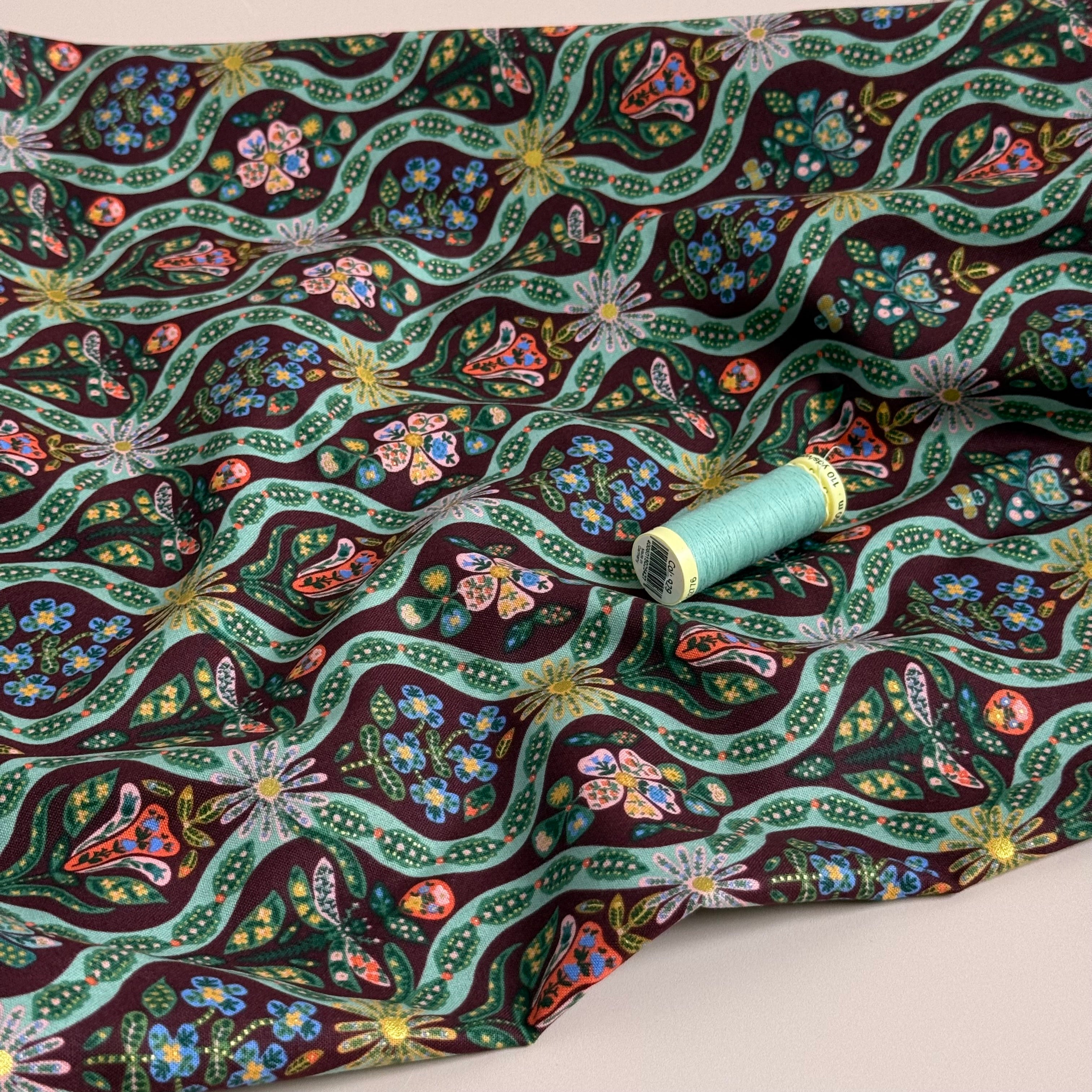 Rifle Paper Co - Posie in Burgundy Metallic Cotton Fabric from English Rose