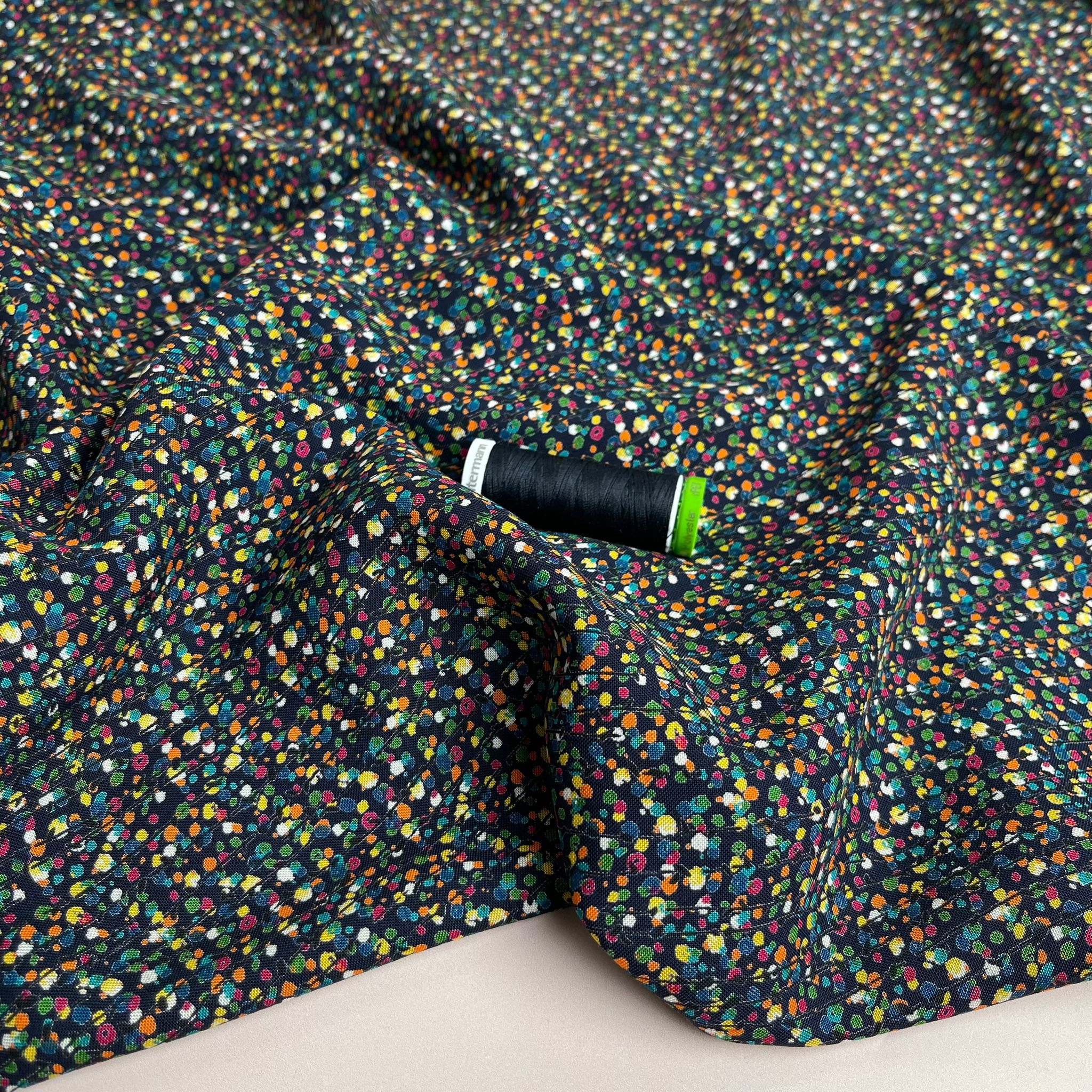 Ditsy Dots and Stripes on Black Soft Viscose Fabric