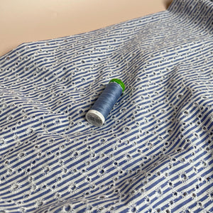 REMNANT 1.38 Metres - Blue Striped Broderie Anglaise Cotton Fabric