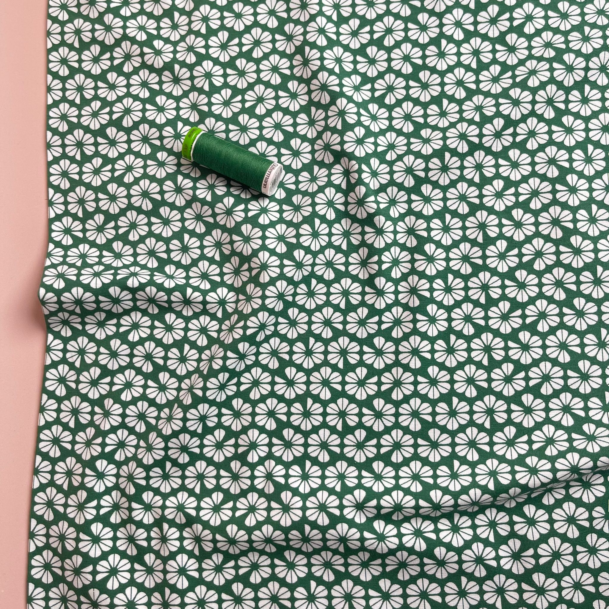 Graphic Pansies on Emerald Green GOTS Organic Cotton Jersey