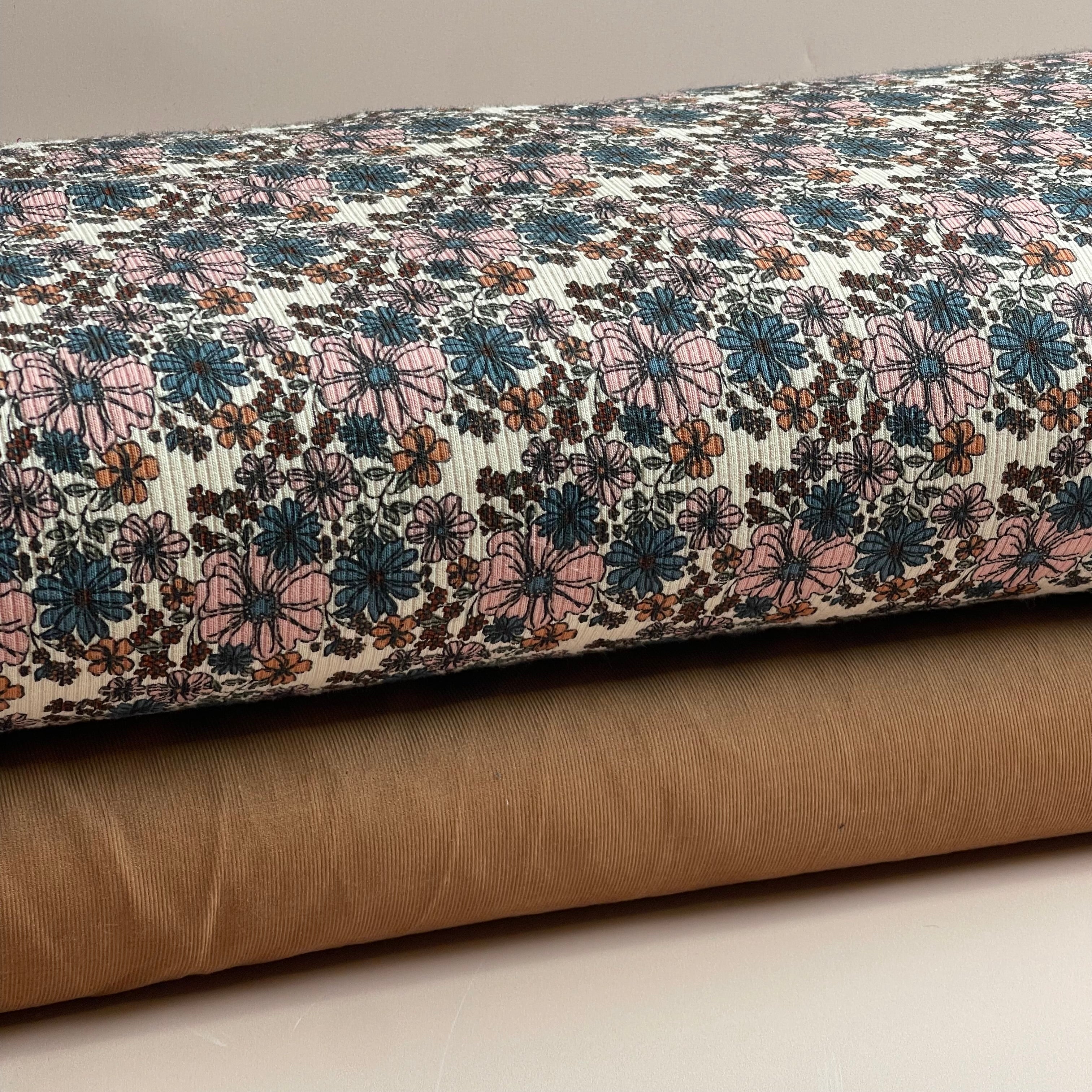 Flower Garden Petrol Cotton Ribbed Jersey