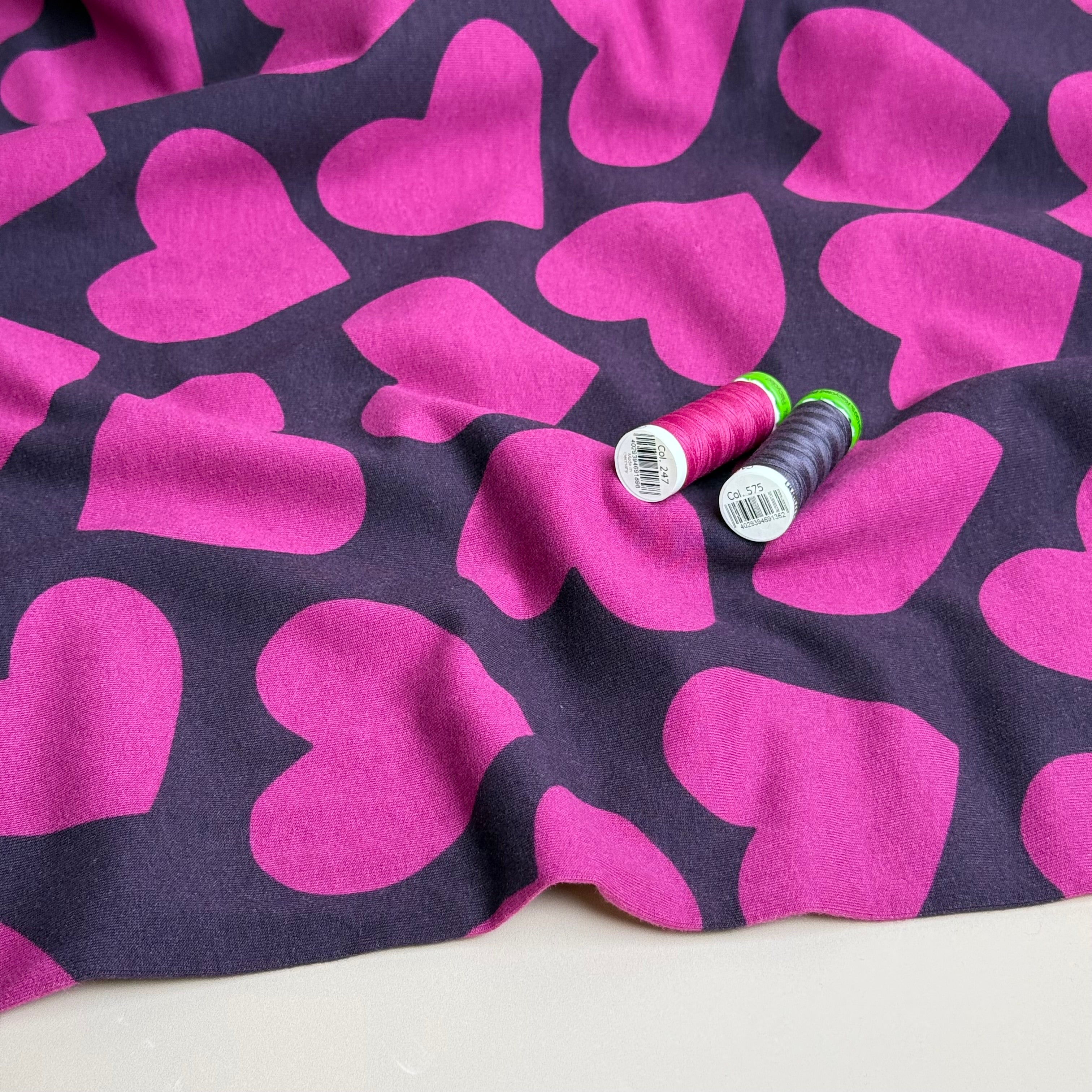 Purple Hearts on Pink Peach Soft Cotton Sweat-shirting Fabric