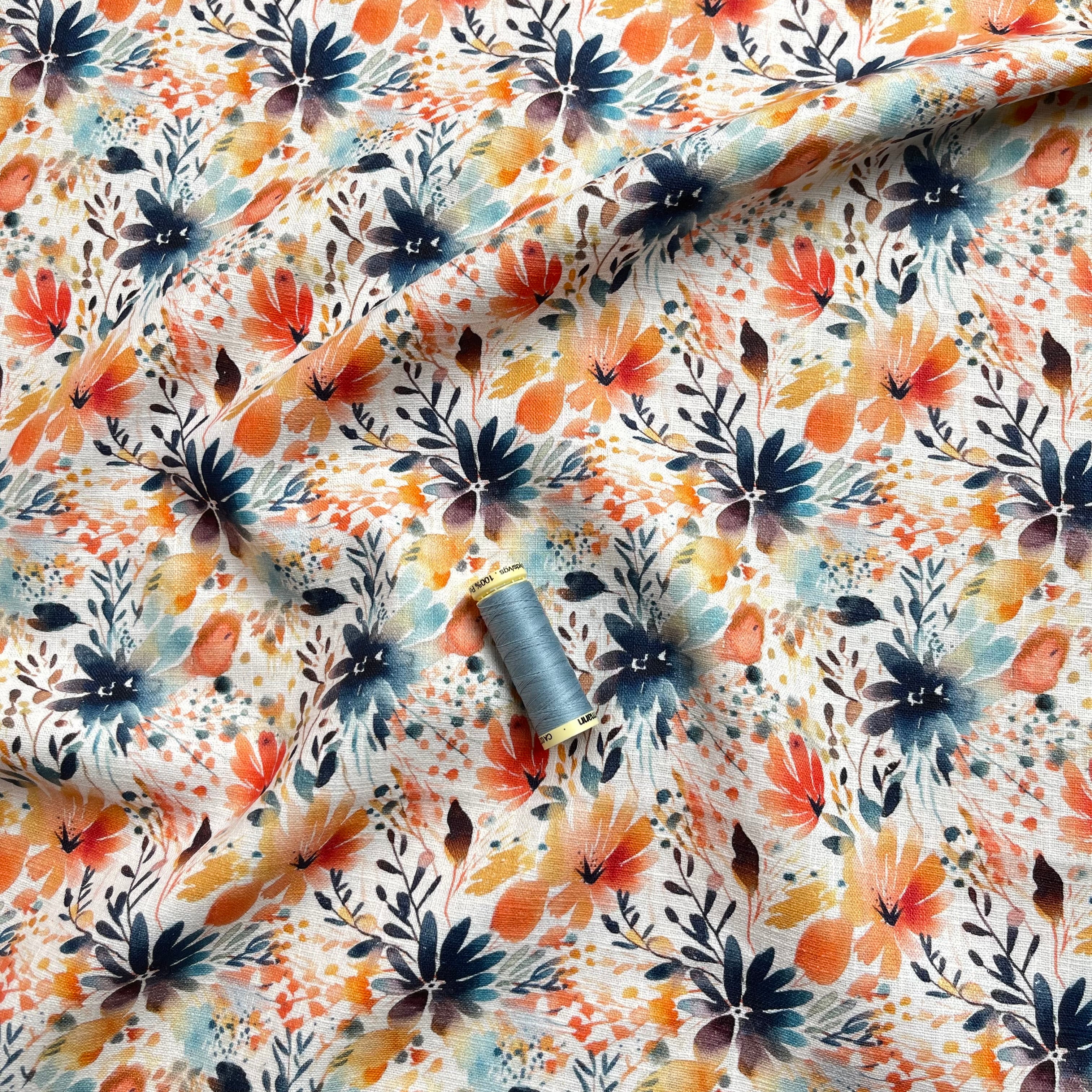 Orange Flowers Linen Cotton Blend Fabric