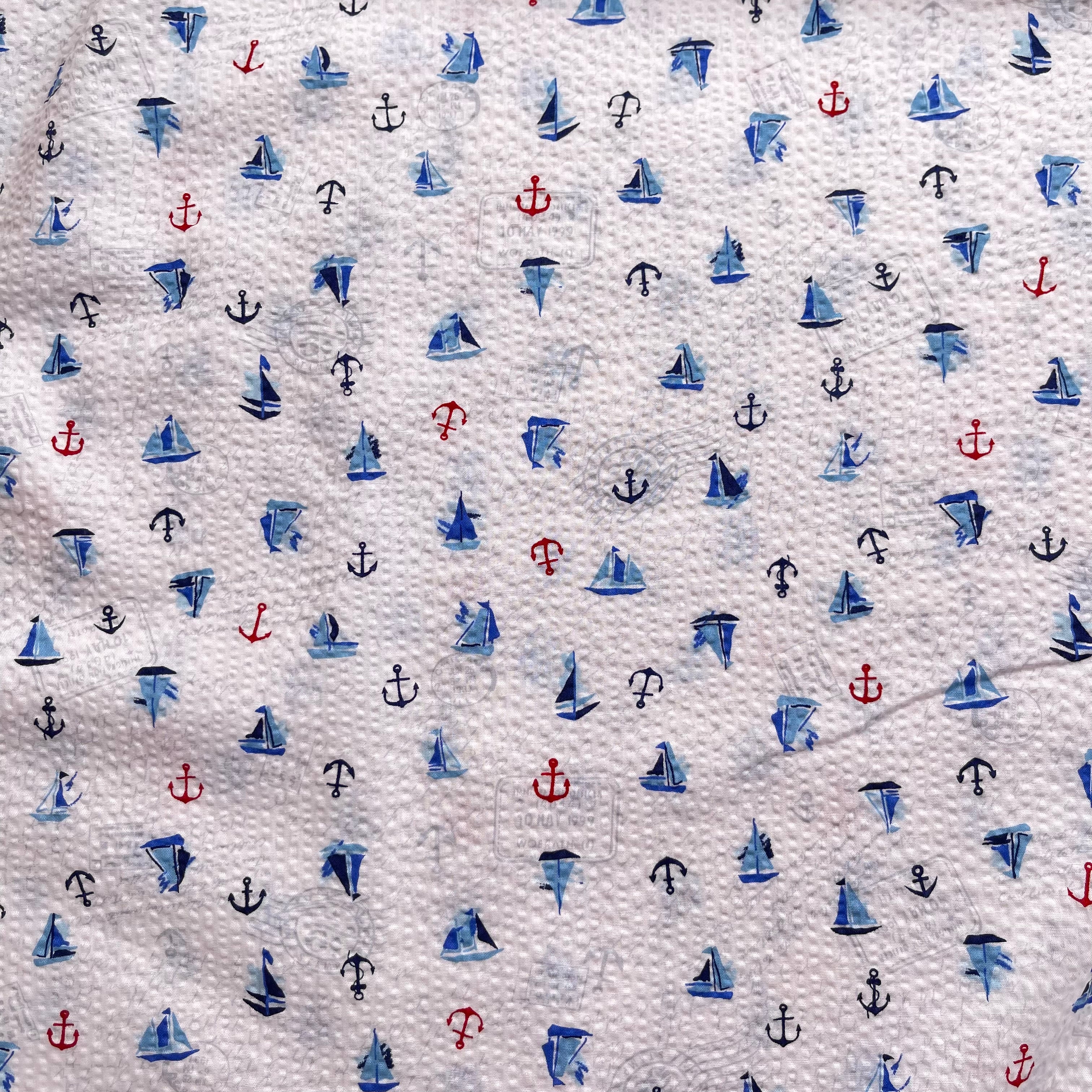 Holiday Sailing Boats Cotton Seersucker Fabric