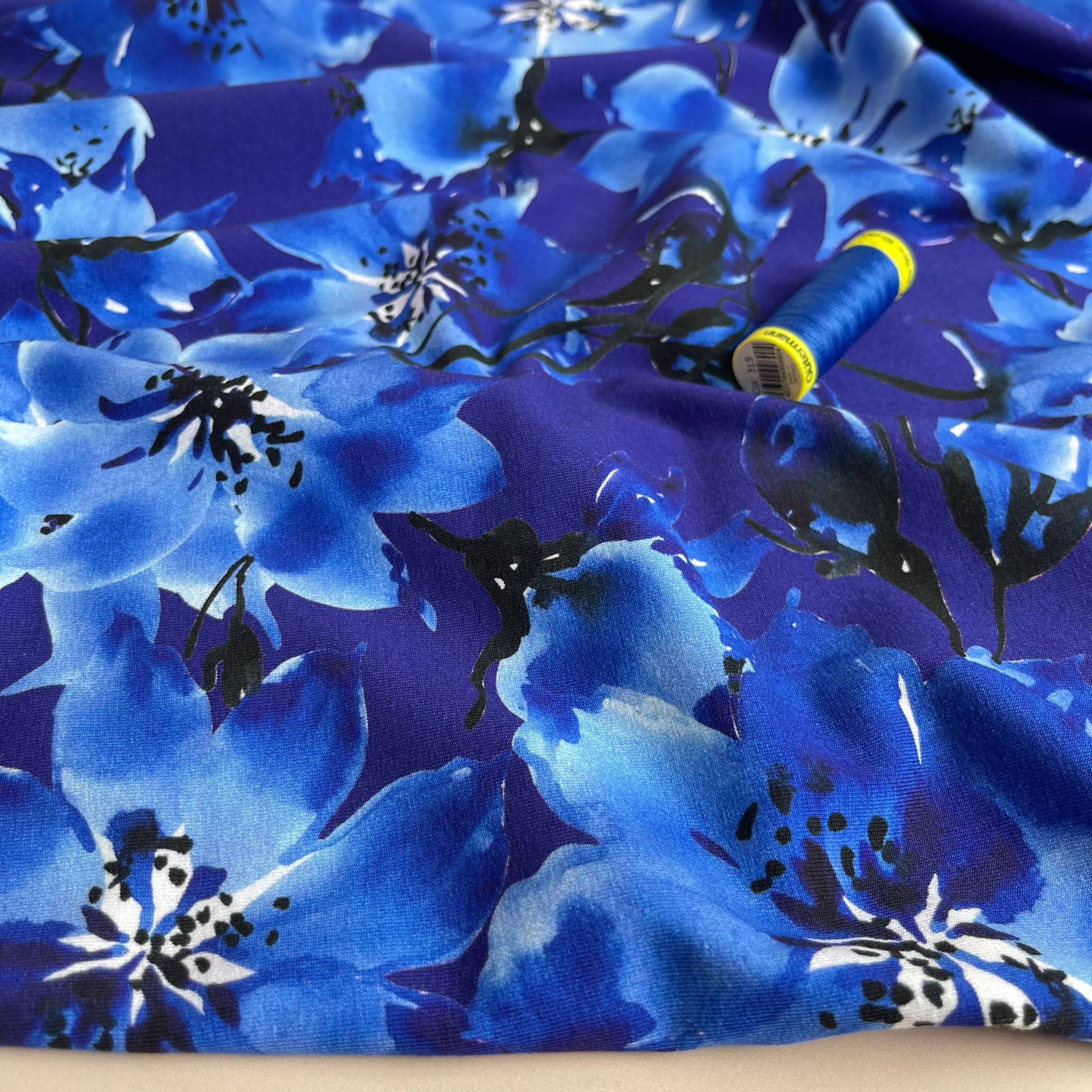 REMNANT 1.64 Metres - Danish Design - Watercolour Cobalt Blooms Cotton Jersey Fabric