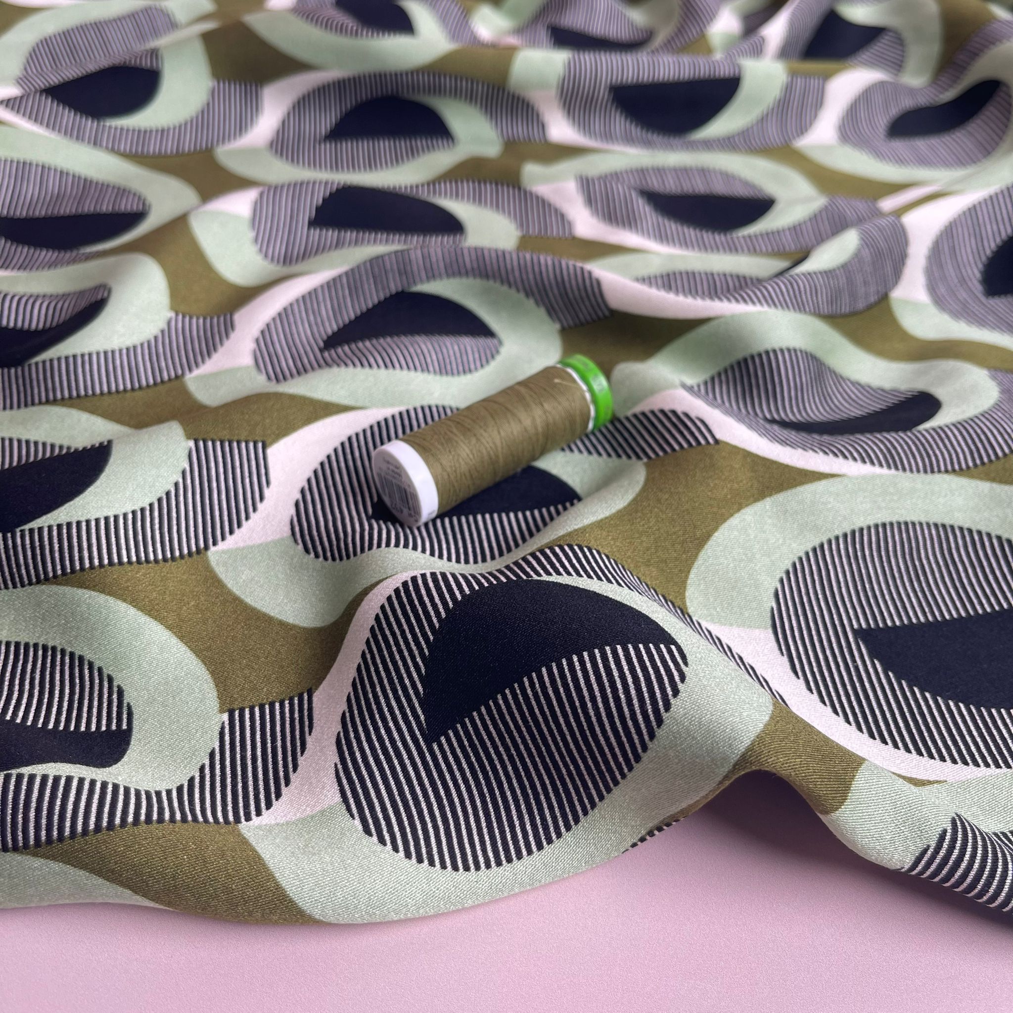 REMNANT 1.3 Metres - Abstract Circles on Olive Viscose Twill Sateen Fabric