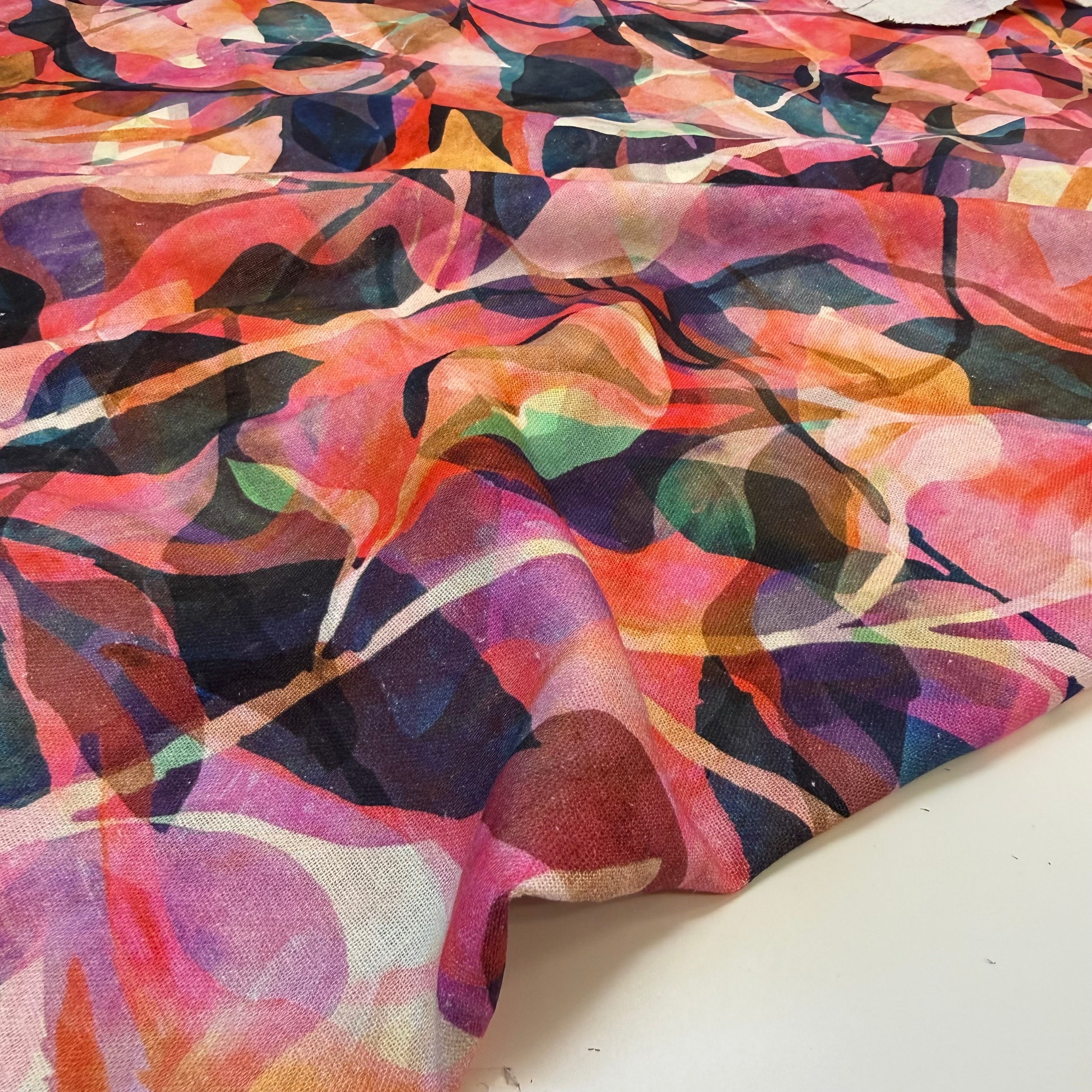 Painted Foliage Coral Pink Linen Viscose Blend Fabric