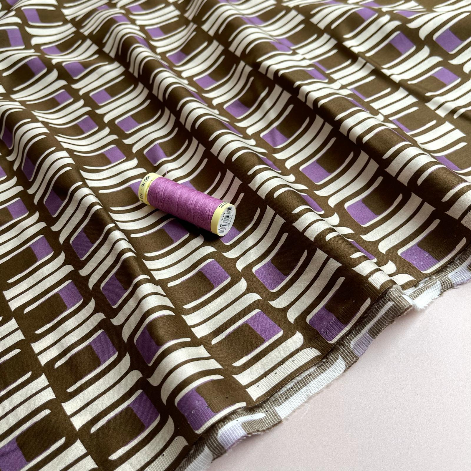 Deadstock Brown and Purple Geo Cotton Sateen Fabric