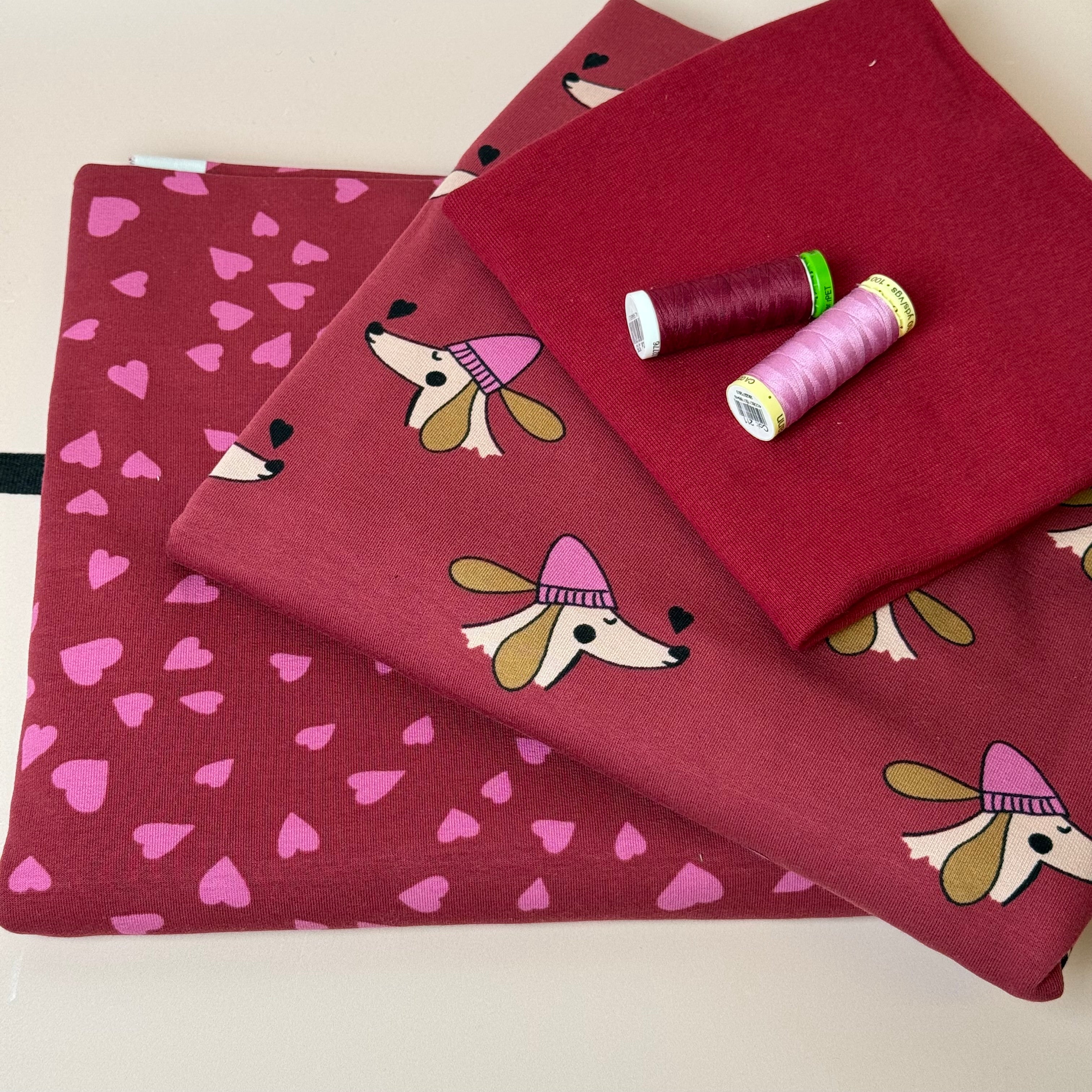Make an Outfit Colour Bundle - Dogs and Heart Berry Cotton Sweat-shirting with Ribbing