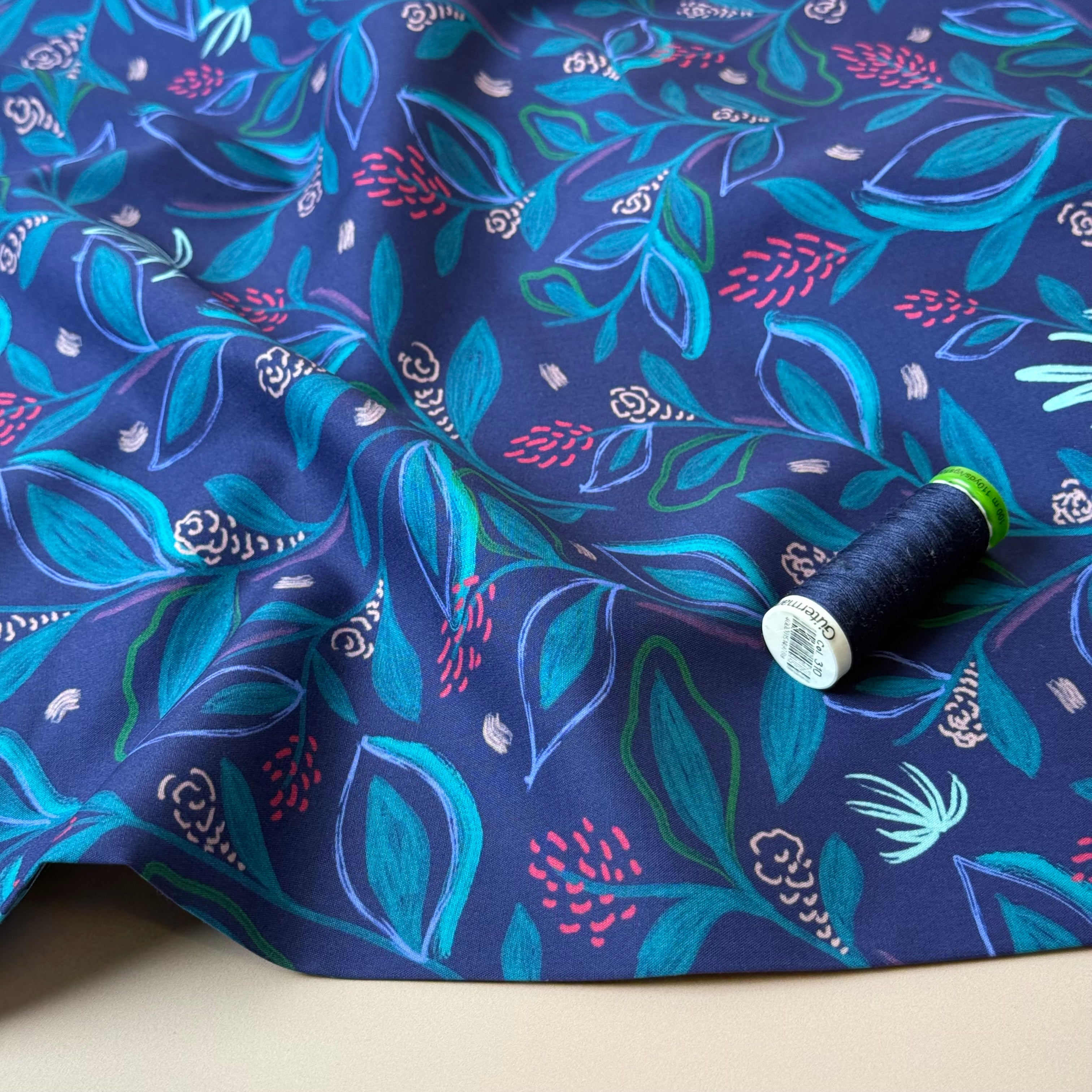 Flowering Branches in Blue Fine Cotton Poplin Fabric