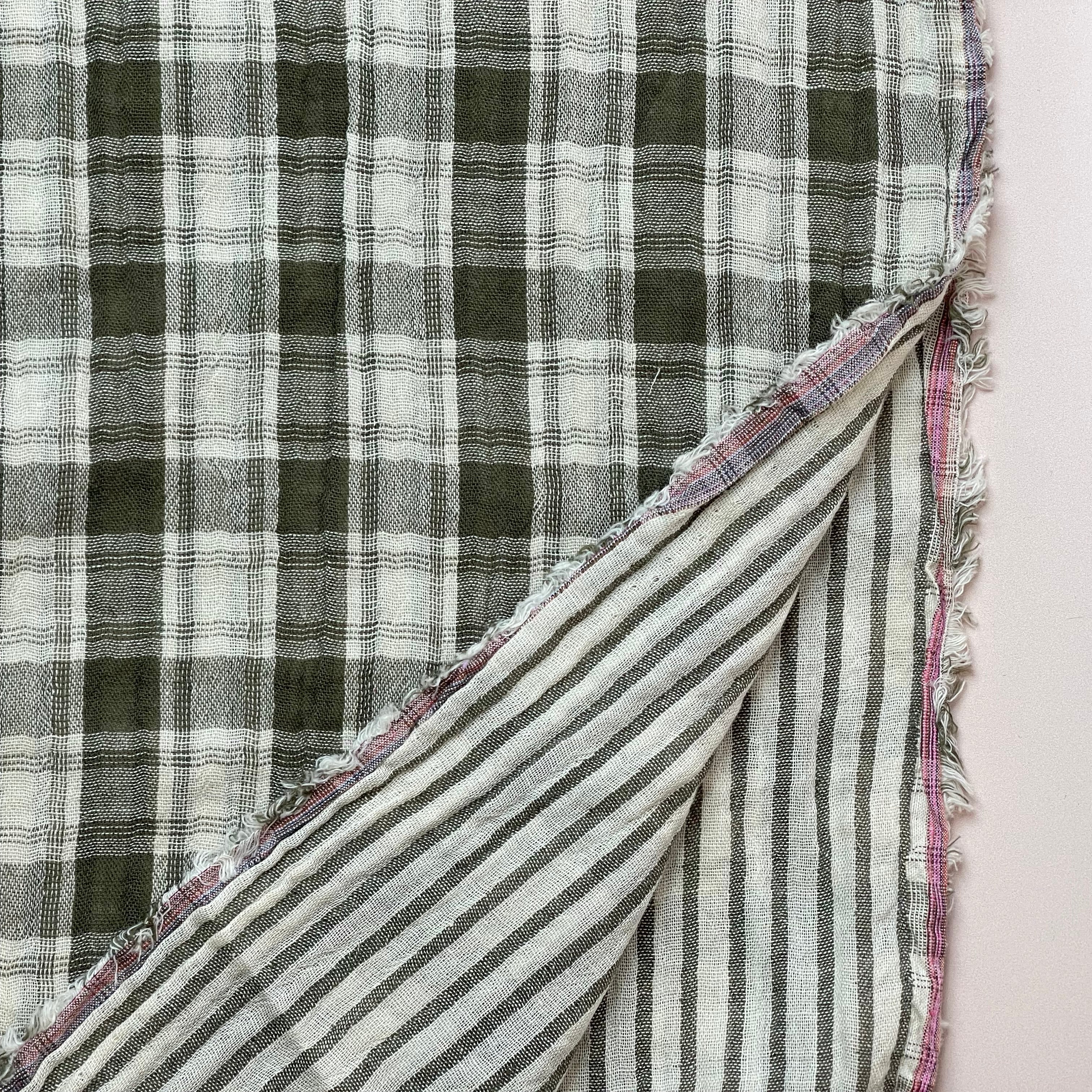 Reversible Olive Checks and Stripes Cotton Double Gauze