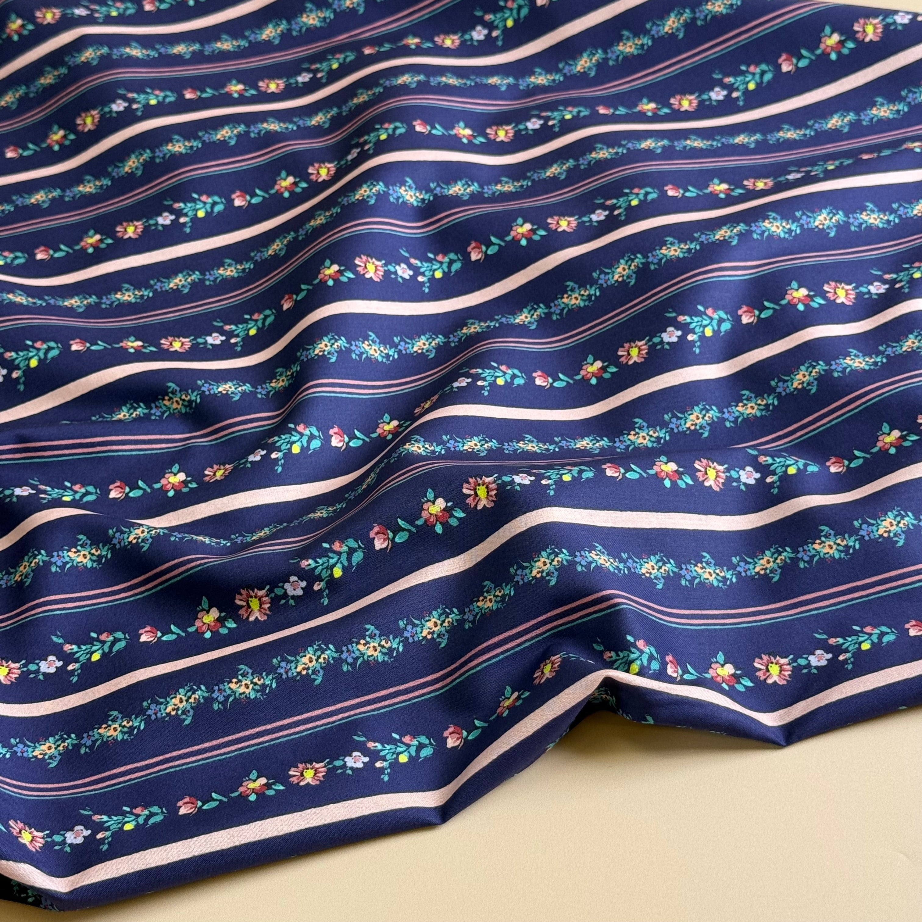 Floral Stripes on Navy Fine Cotton Poplin Fabric