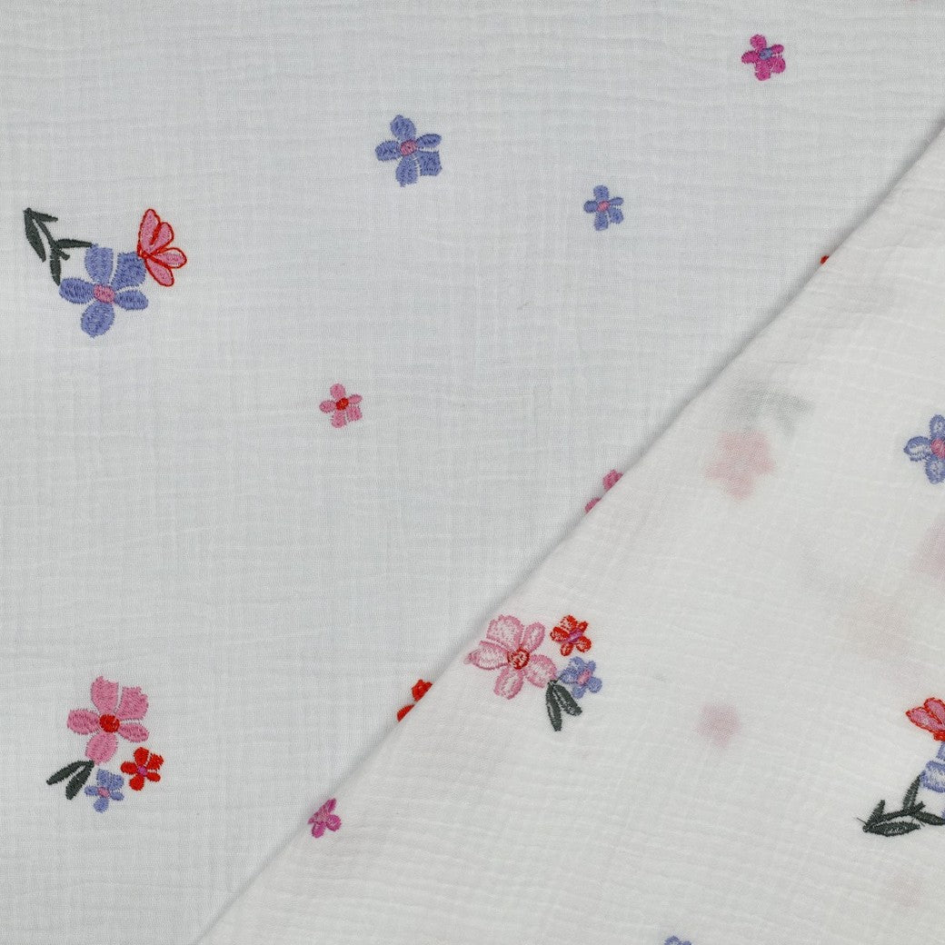 Embroidered Spring Flowers on White Cotton Double Gauze