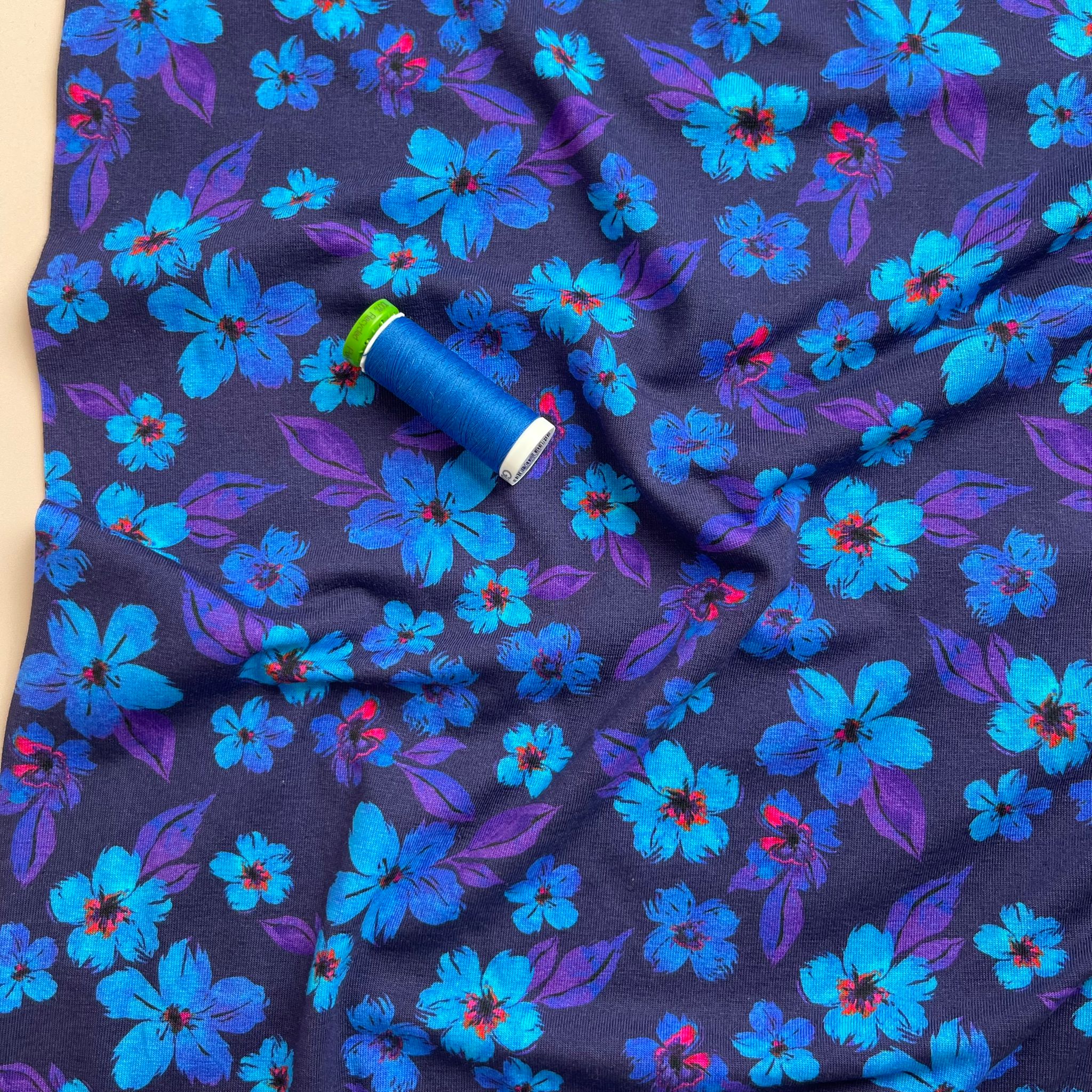 Cobalt Blooms Cotton Jersey Fabric