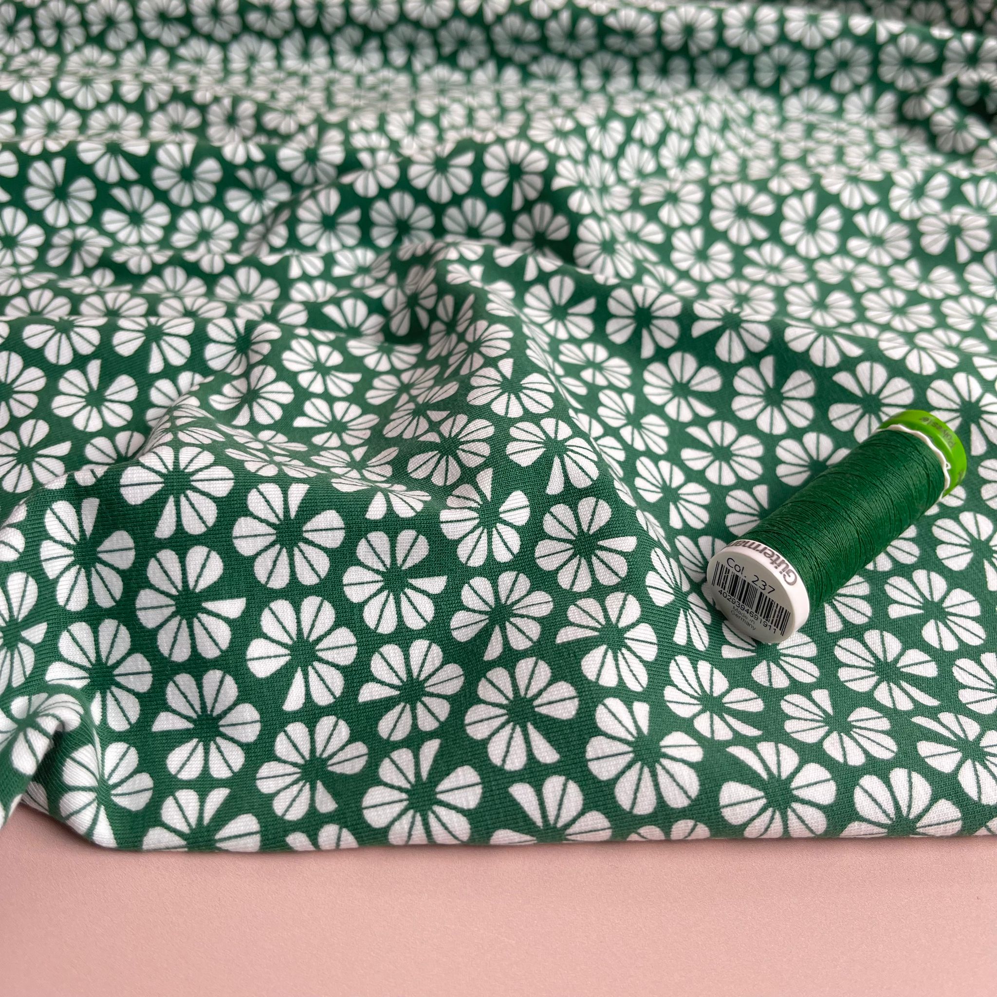 Graphic Pansies on Emerald Green GOTS Organic Cotton Jersey