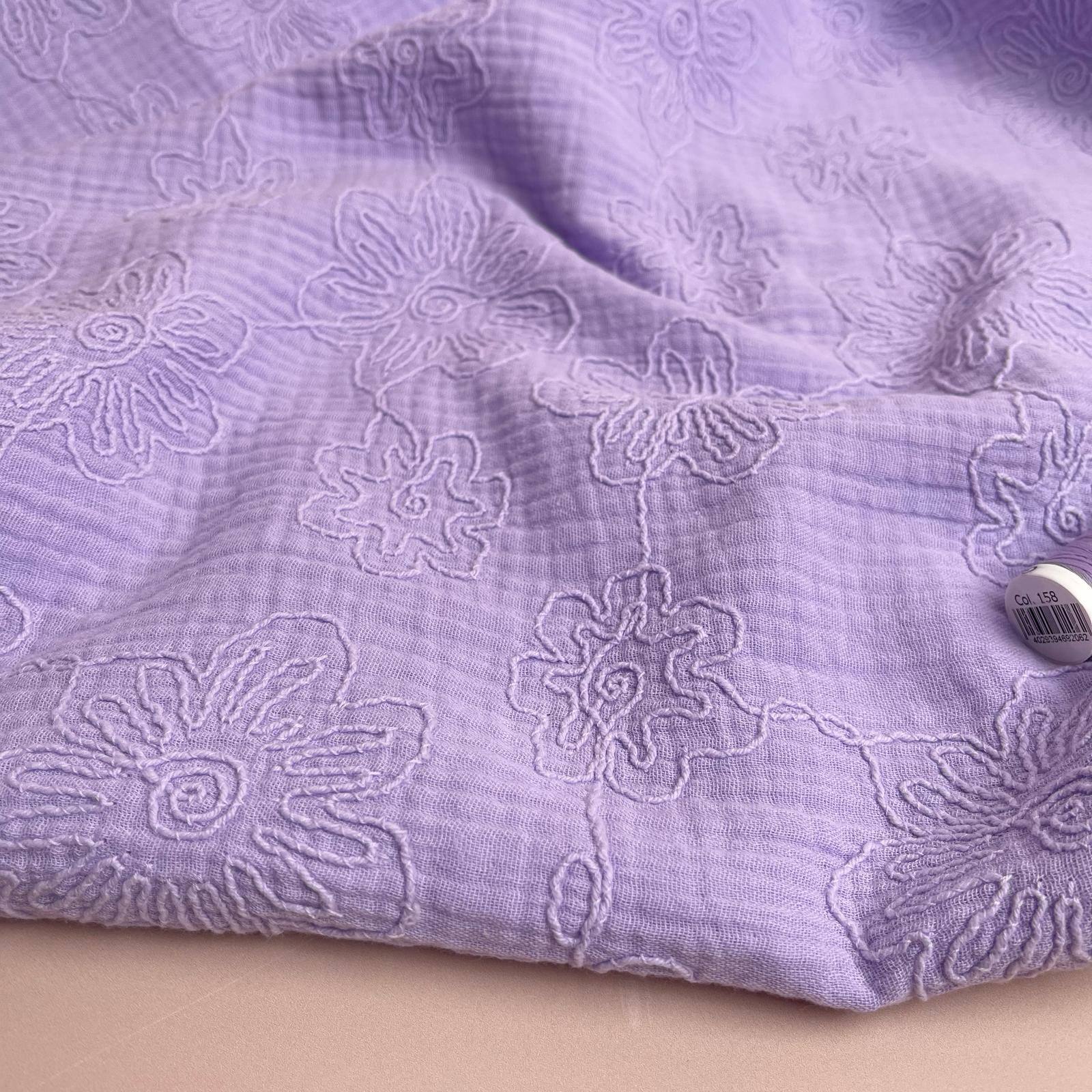 Embroidered Blooms on Lilac Cotton Double Gauze