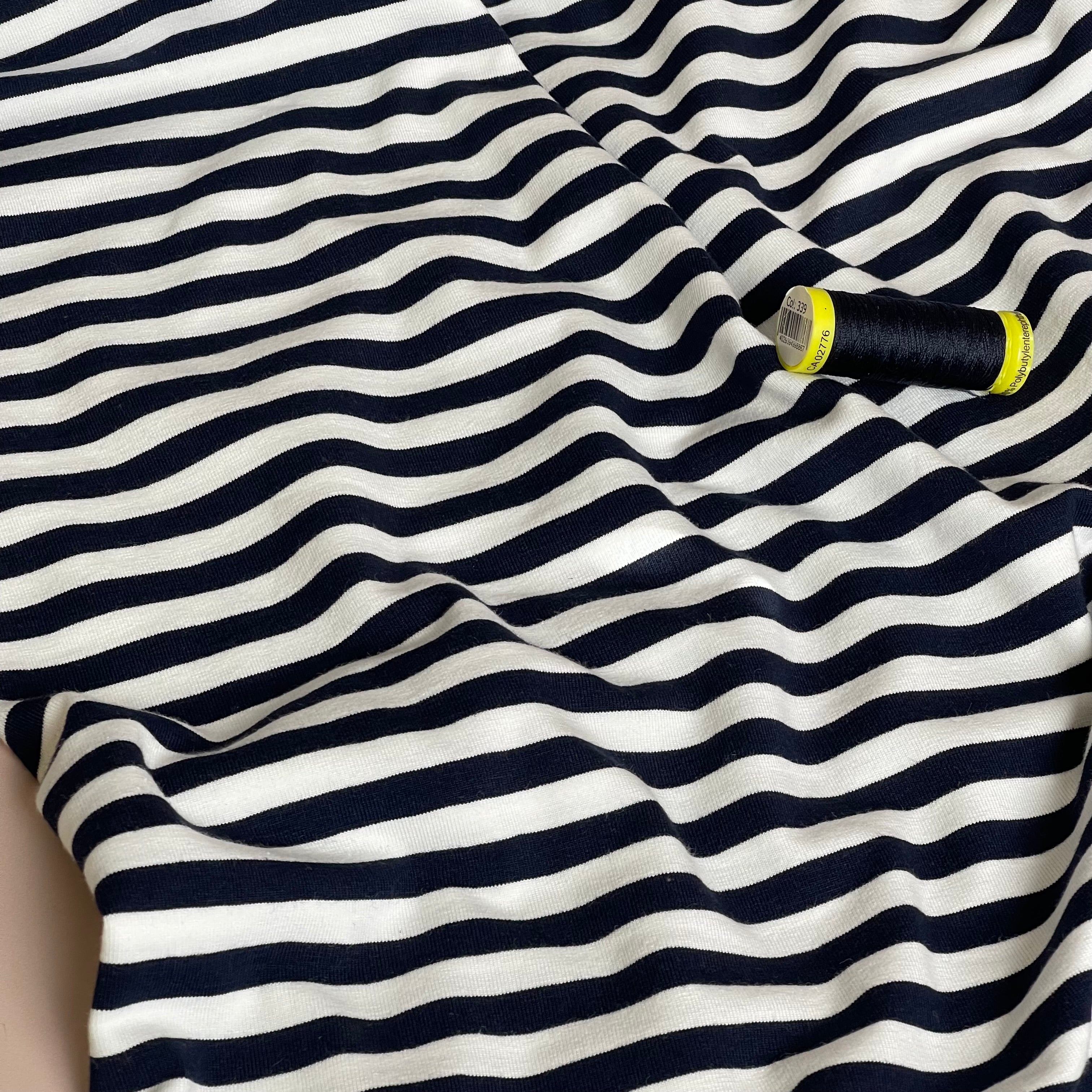 Yarn Dyed Navy Breton Stripe Cotton Jersey Fabric