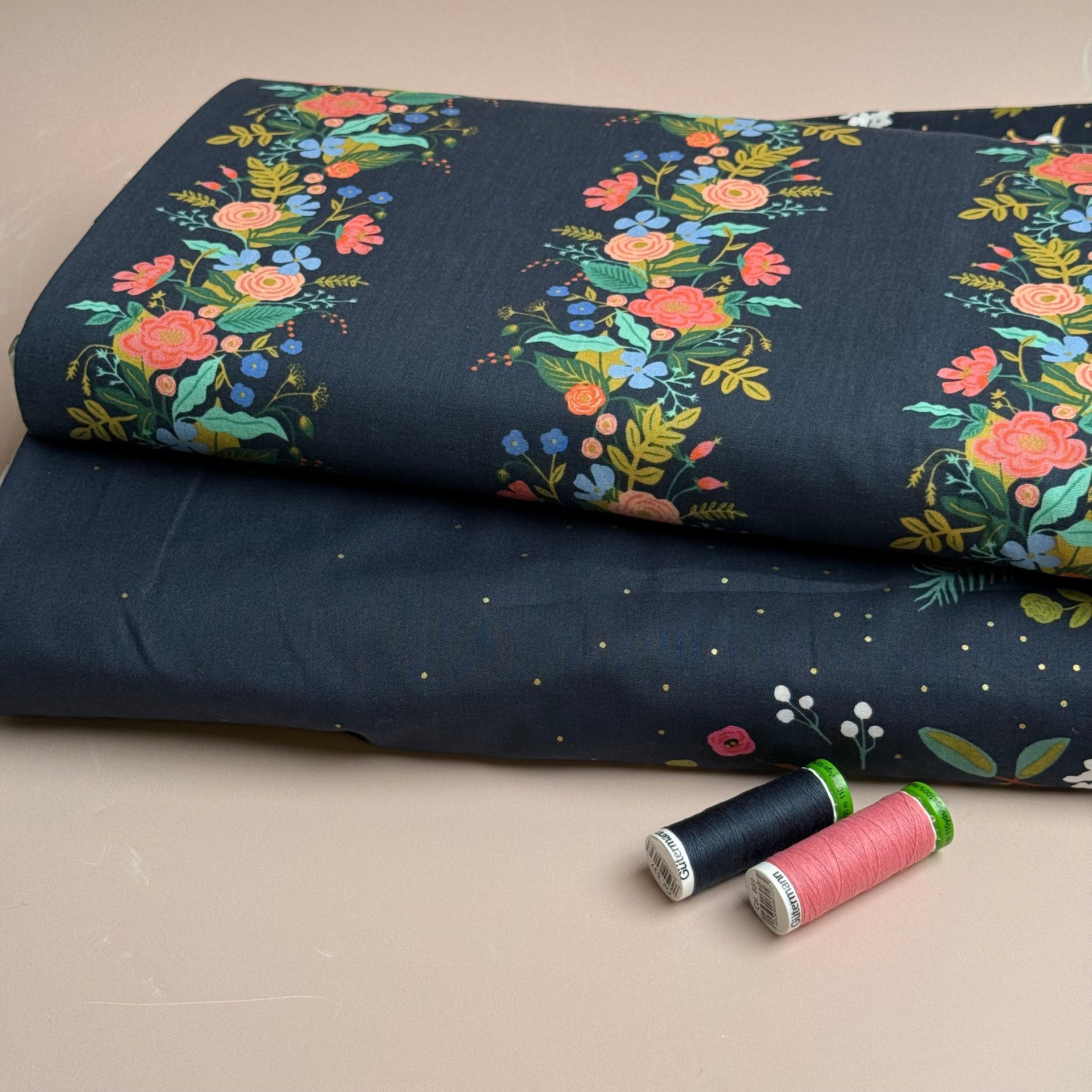 Rifle Paper Co - Growing Garden Navy Cotton Border Print with Metallic Gold
