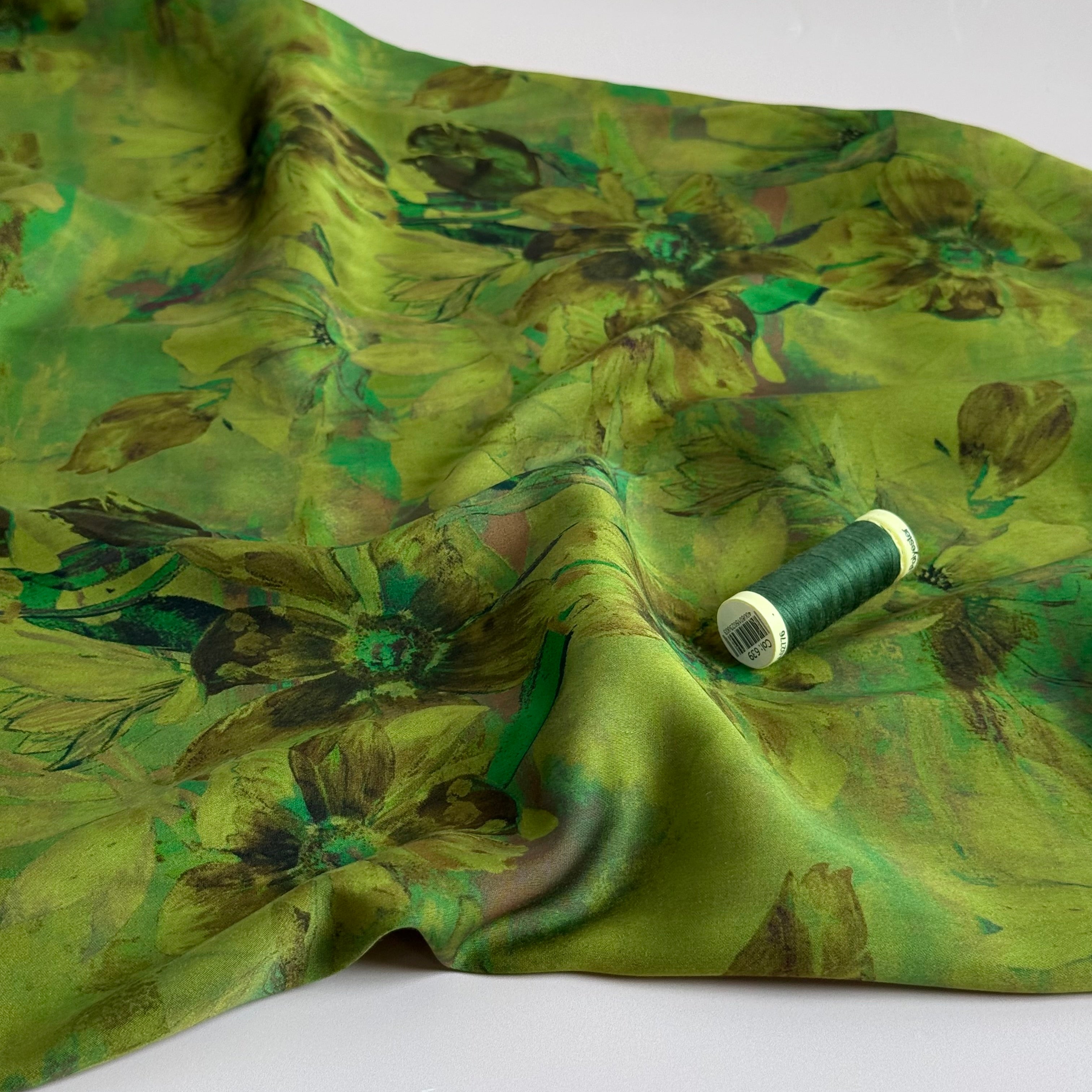 Shadow Flowers Moss Green Viscose Sateen Fabric