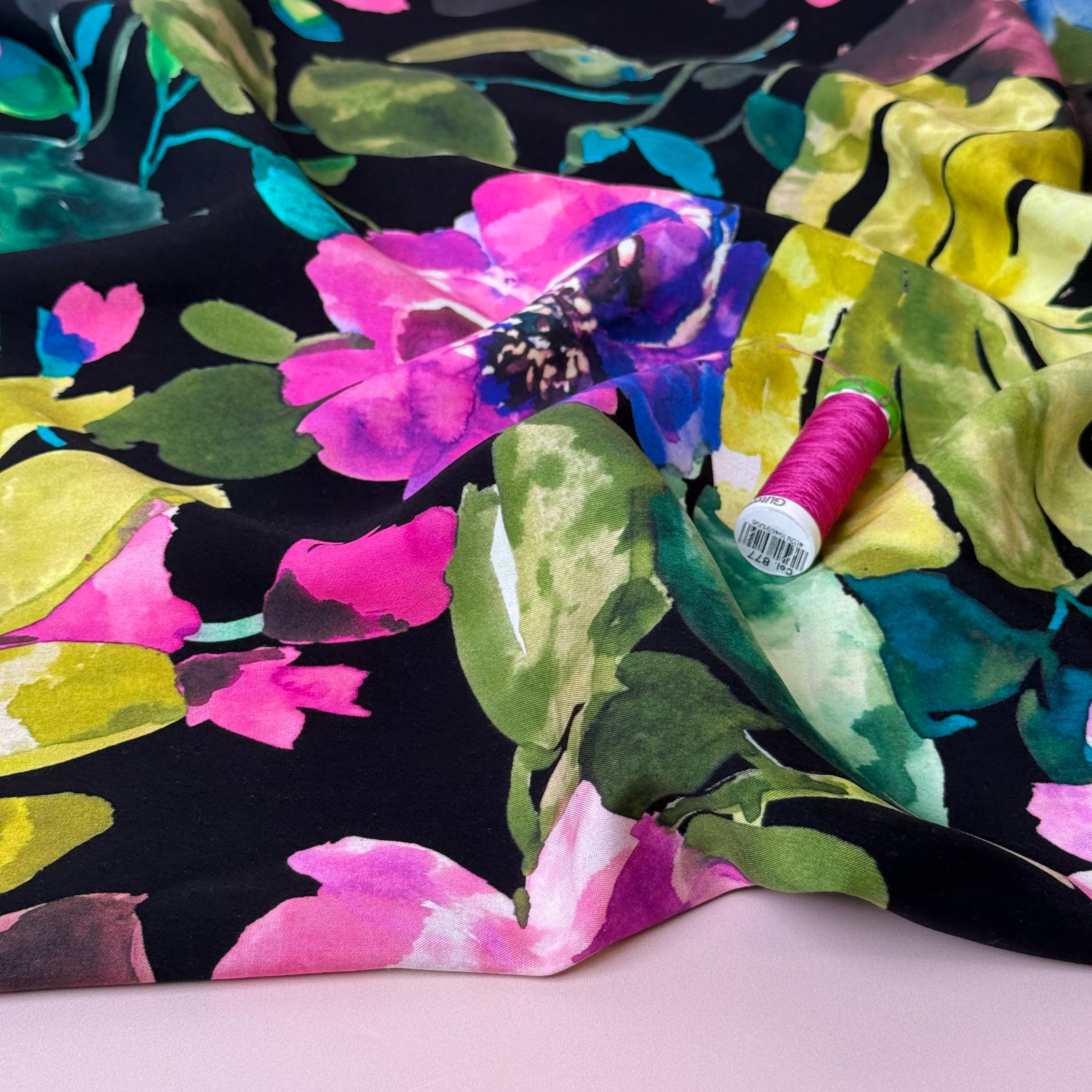 Winter Blooms with Pink Viscose Poplin Fabric