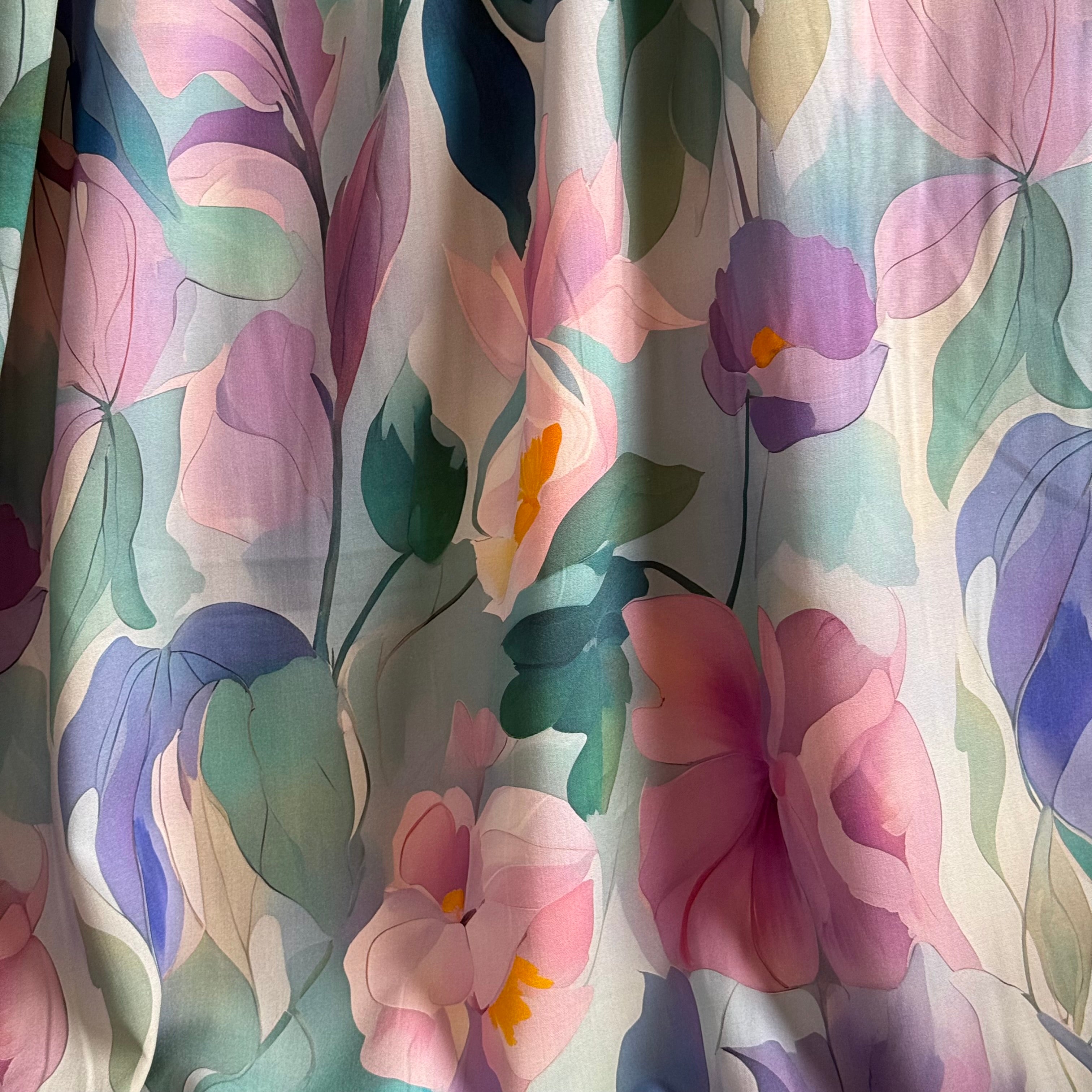 Painted Flowers Petrol Viscose Fabric
