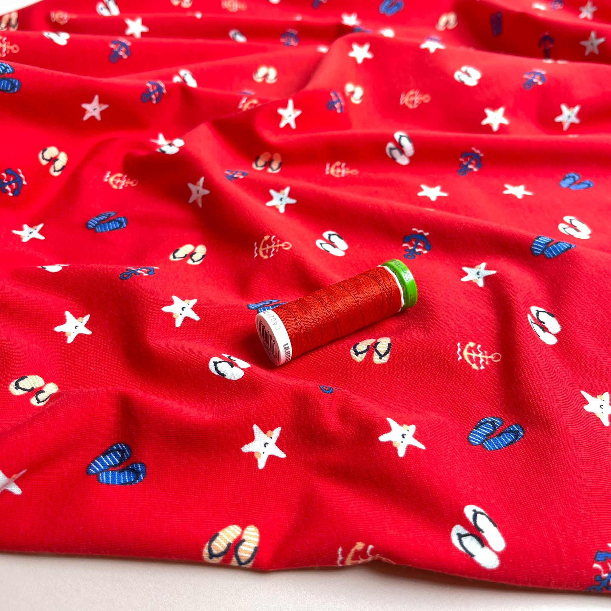 At The Beach Red Cotton Jersey Fabric