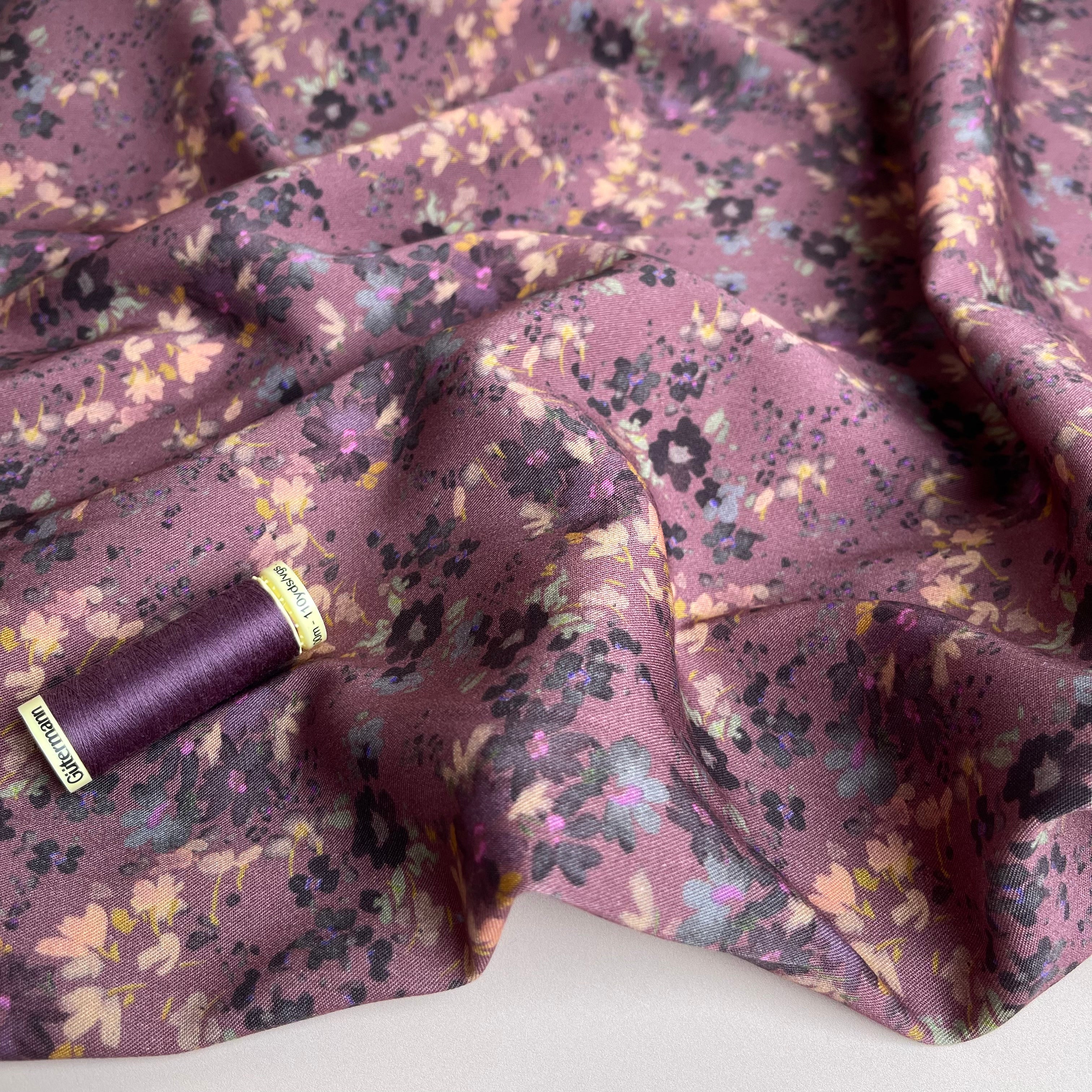 Rosella Watercolour Flowers on Rosewood Stretch Viscose Twill Fabric