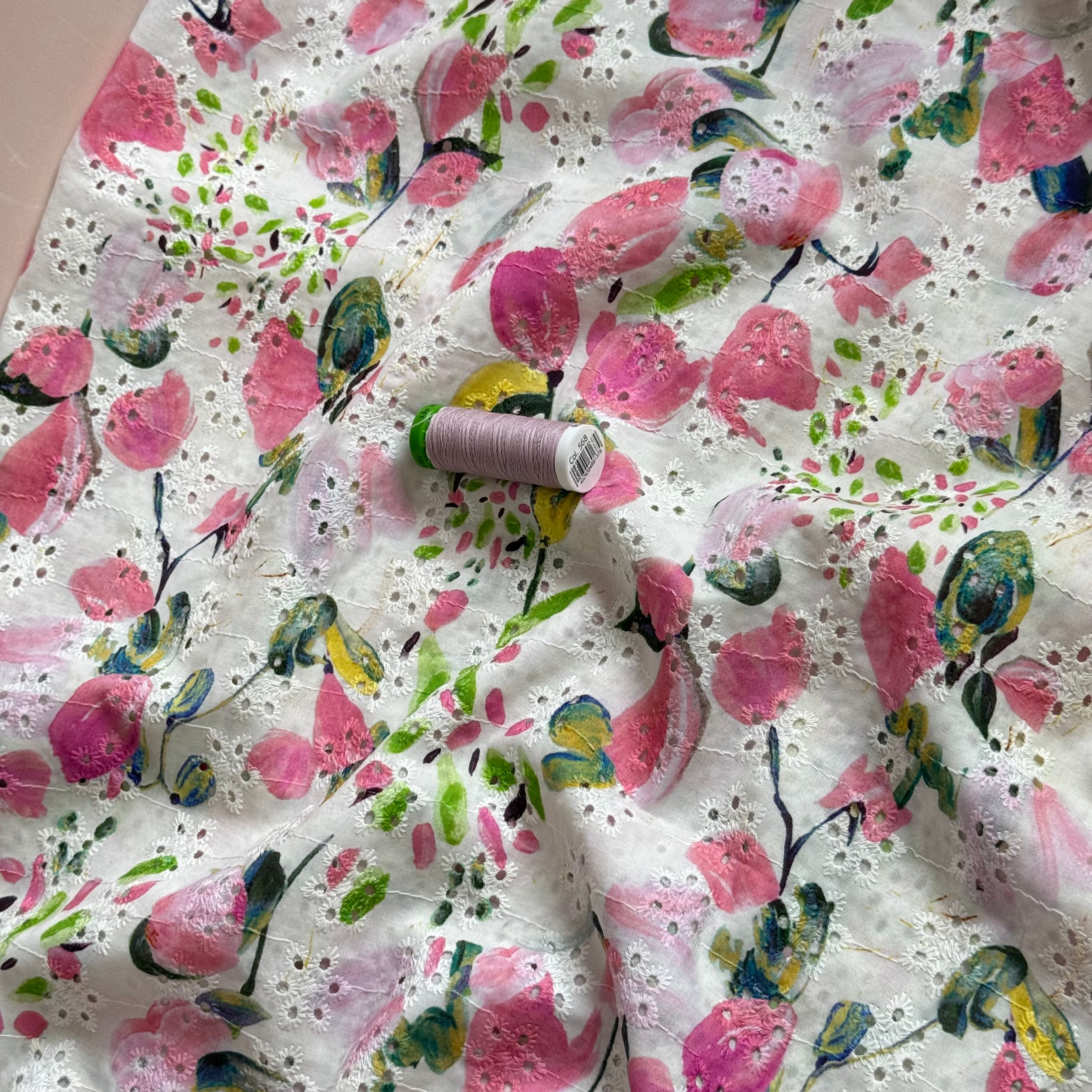 Pink Petals on Embroidered Cotton Voile Fabric