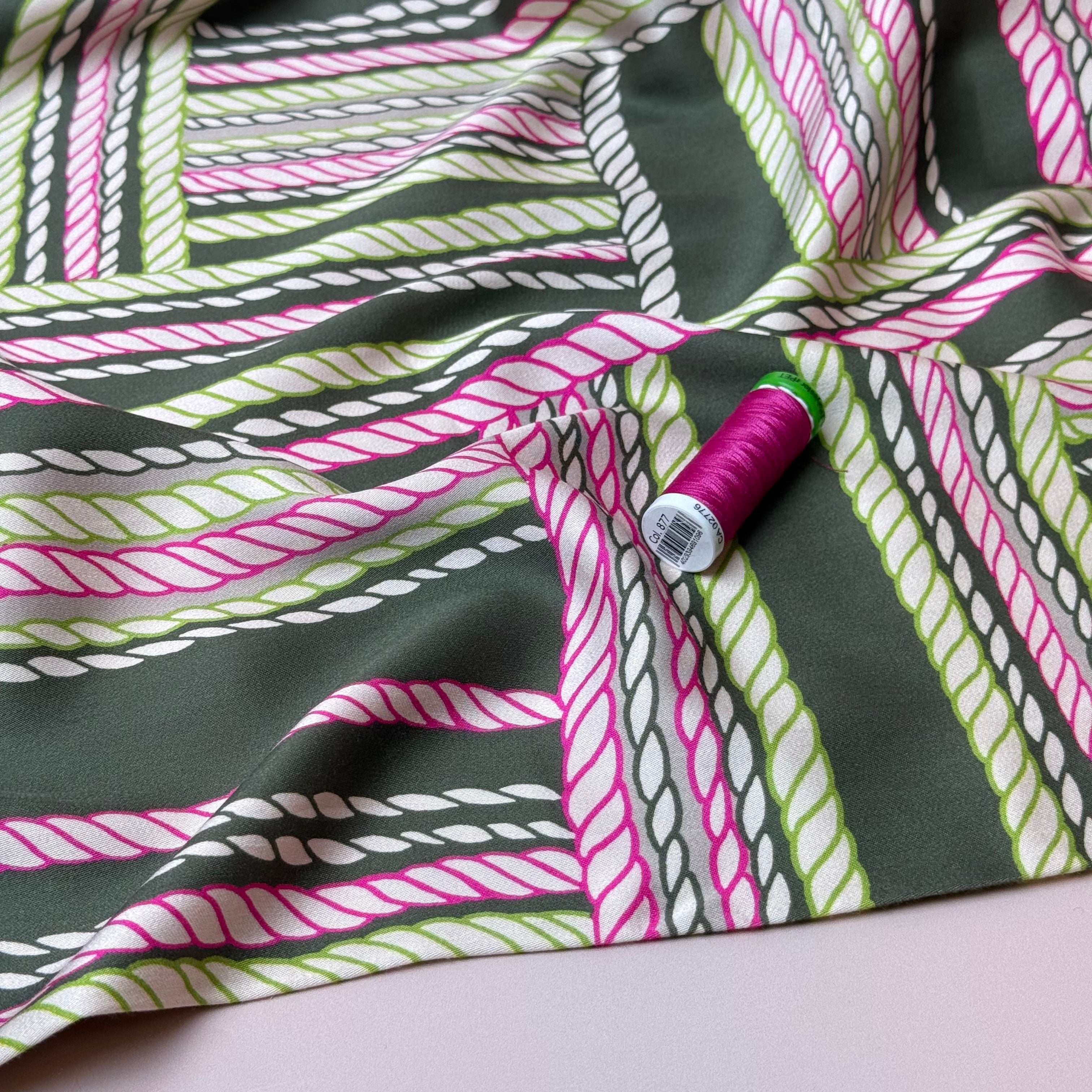 Grid Ropes on Olive Viscose Sateen Fabric