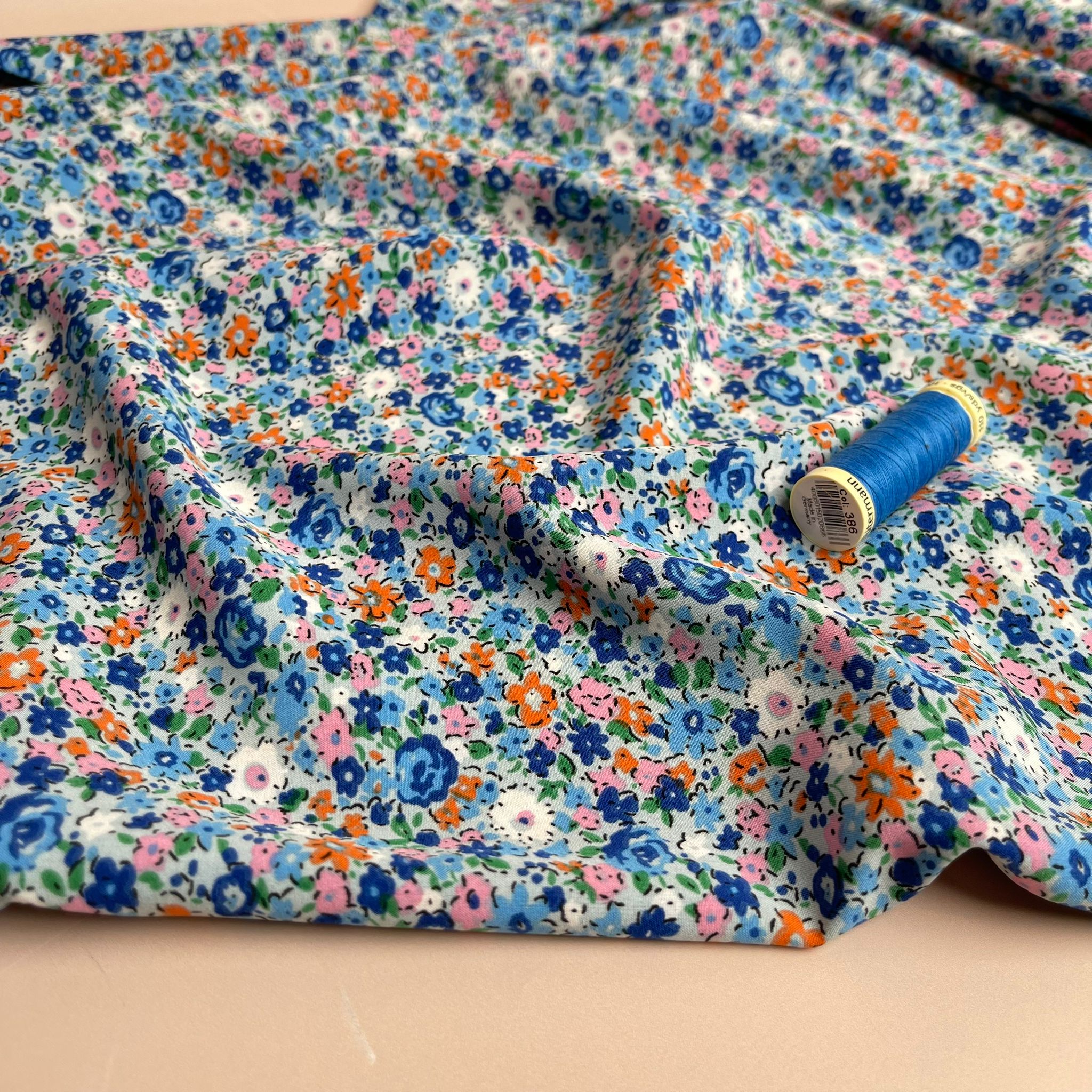 Ditsy Blue Meadow Stretch Polyester Fabric