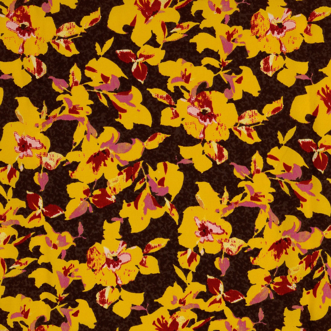 REMNANT 2.27 Metres - Floral Scene Yellow Viscose Poplin Fabric