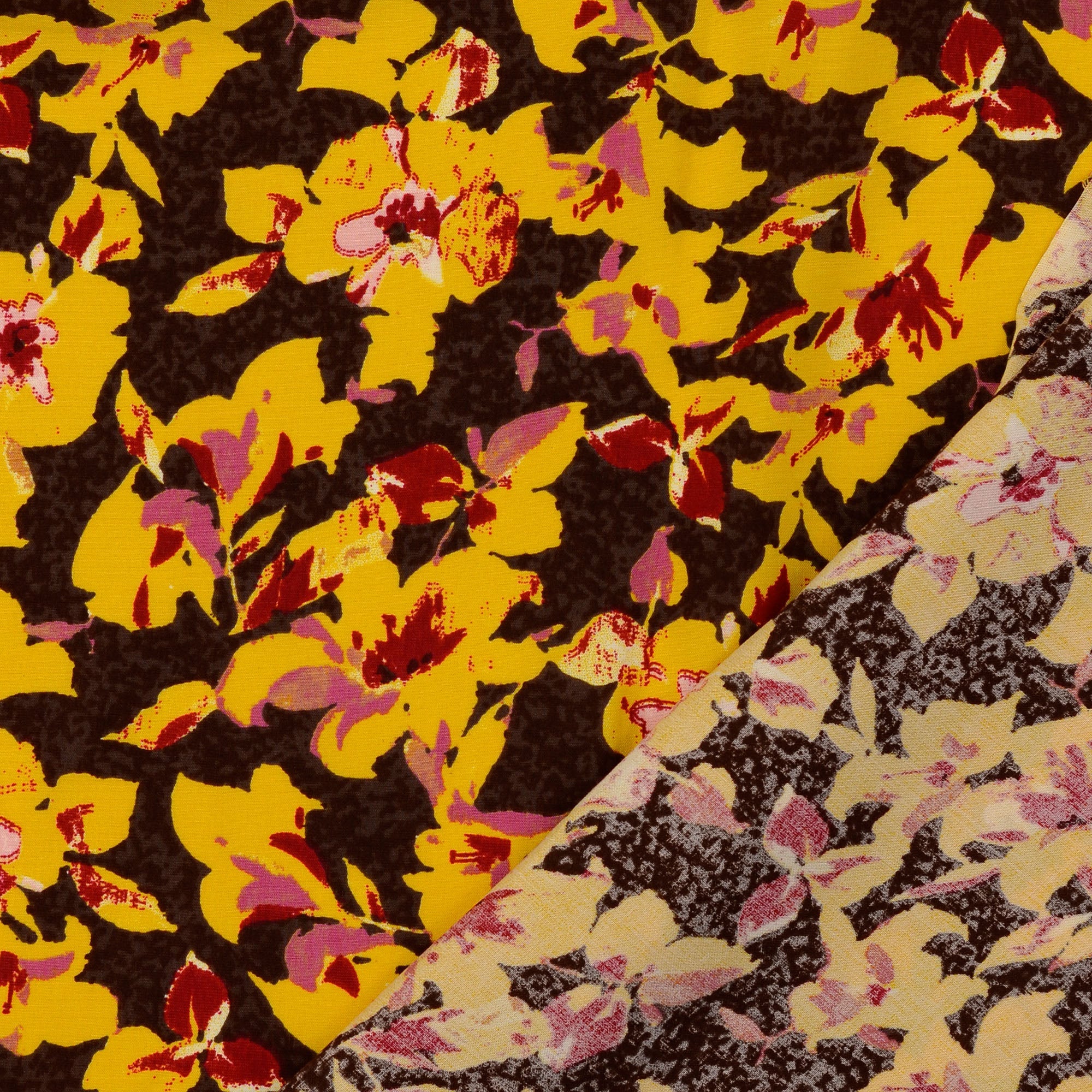 REMNANT 2.27 Metres - Floral Scene Yellow Viscose Poplin Fabric