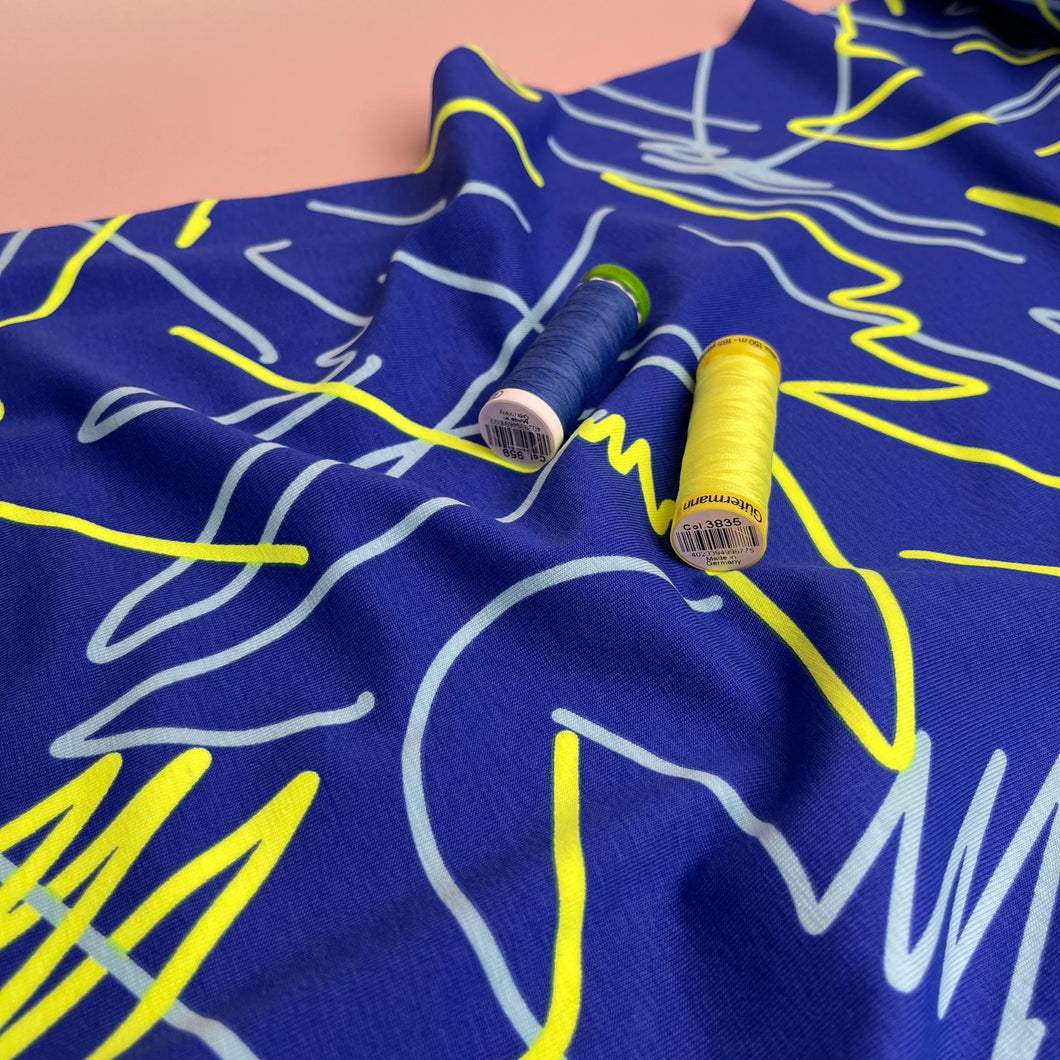 REMNANT 0.4 Metre - Neon Doodles on Blue Cotton Jersey Fabric